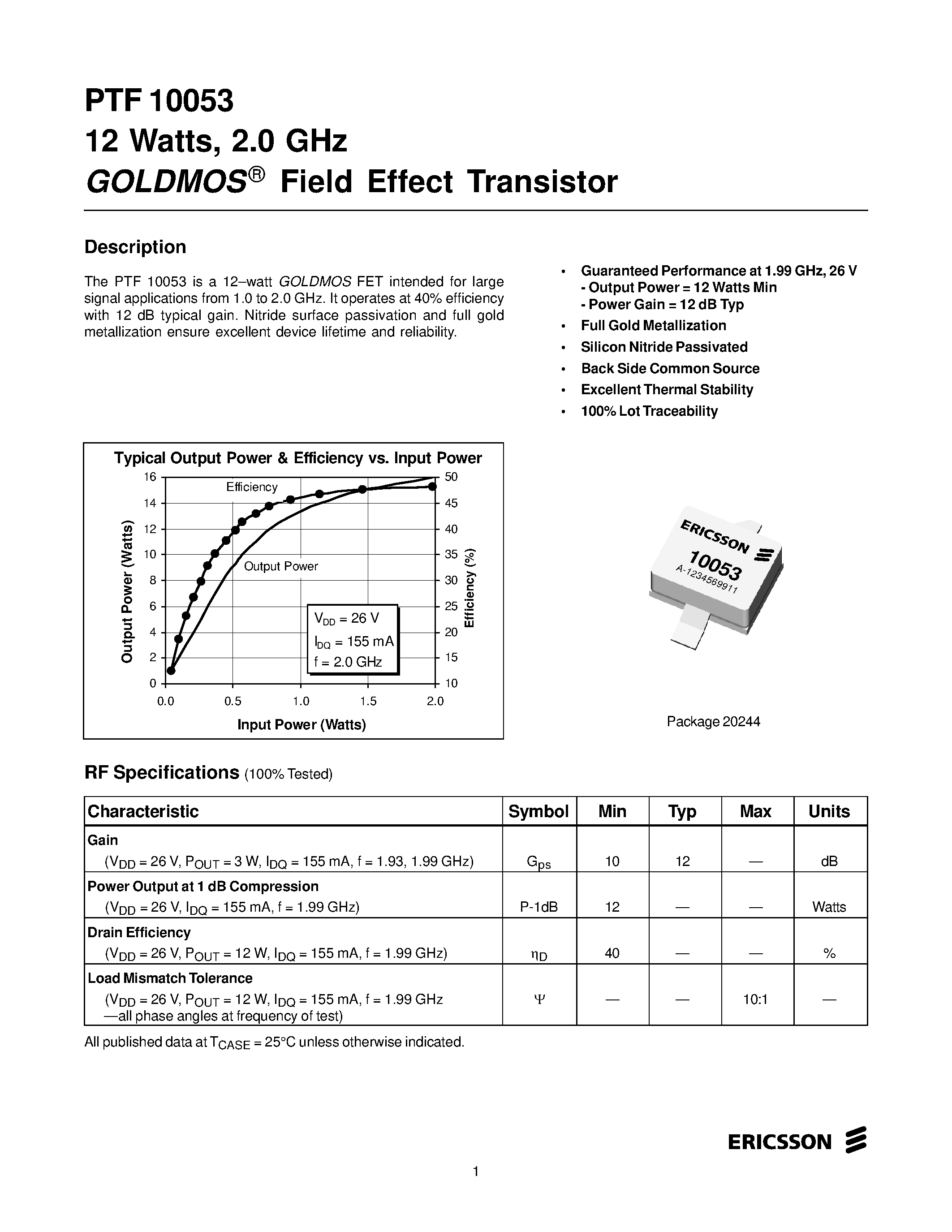 Даташит PTF10053 - 12 Watts/ 2.0 GHz GOLDMOS Field Effect Transistor страница 1