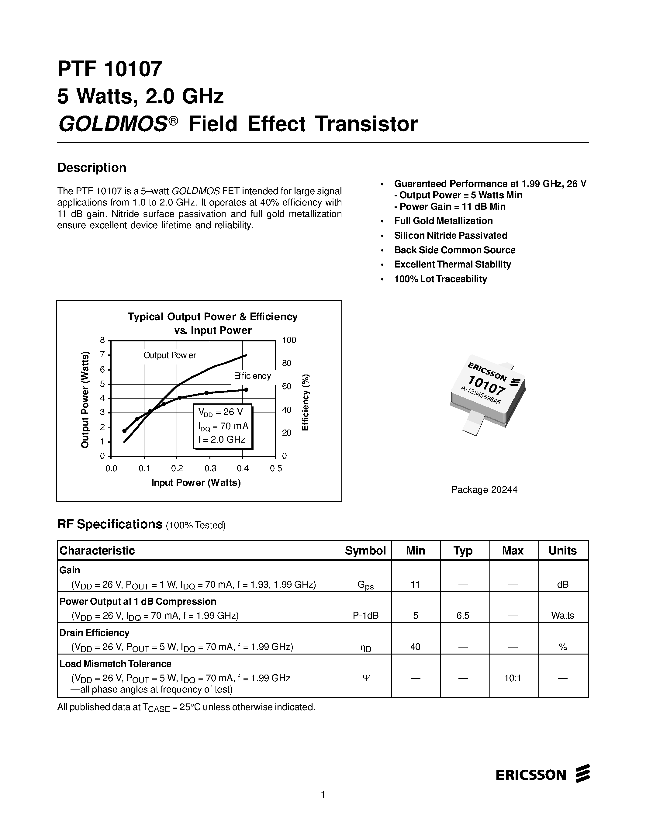 Даташит PTF10107 - 5 Watts/ 2.0 GHz GOLDMOS Field Effect Transistor страница 1