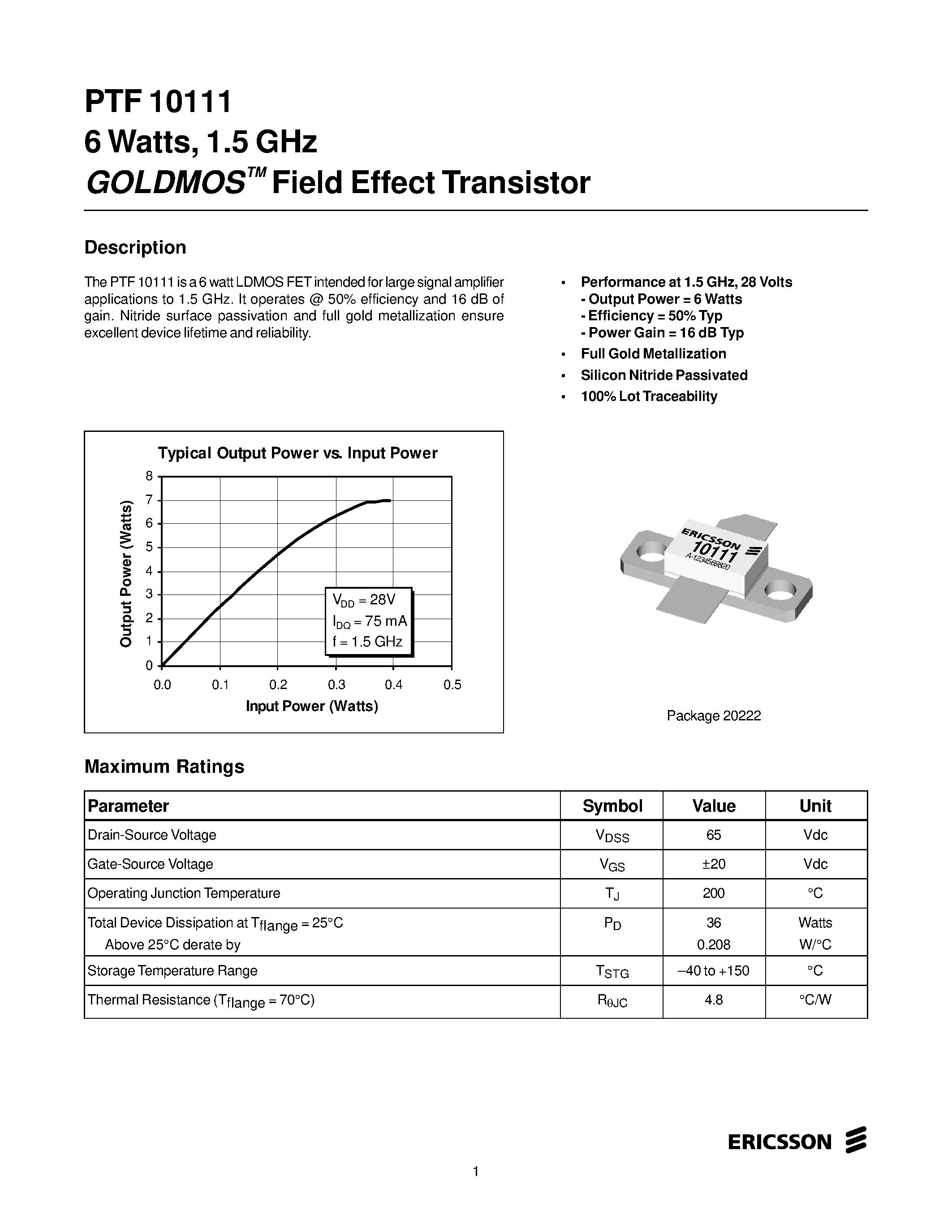 Даташит PTF10111 - 6 Watts/ 1.5 GHz GOLDMOS Field Effect Transistor страница 1