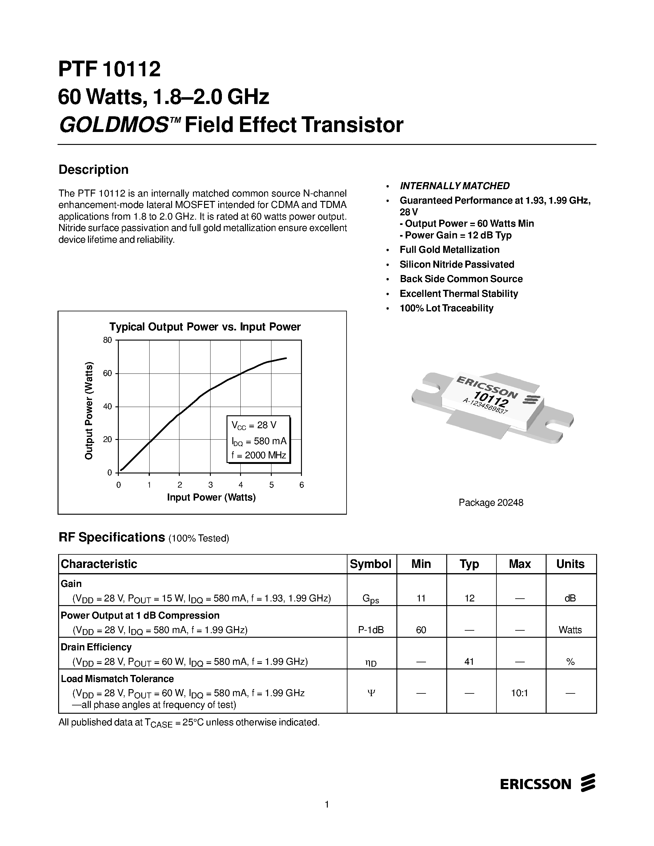 Даташит PTF10112 - 60 Watts/ 1.8-2.0 GHz GOLDMOS Field Effect Transistor страница 1