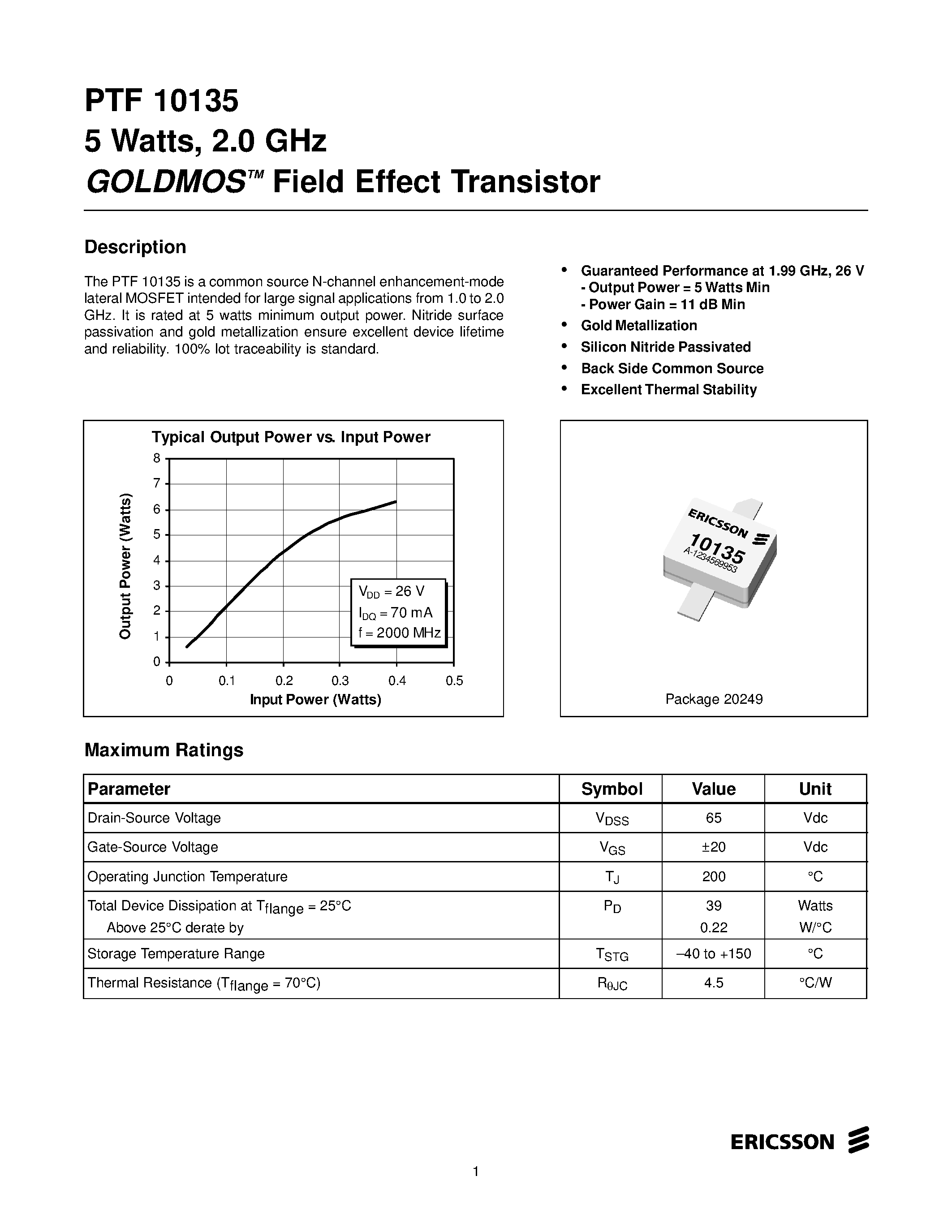 Даташит PTF10135 - 5 Watts/ 2.0 GHz GOLDMOS Field Effect Transistor страница 1