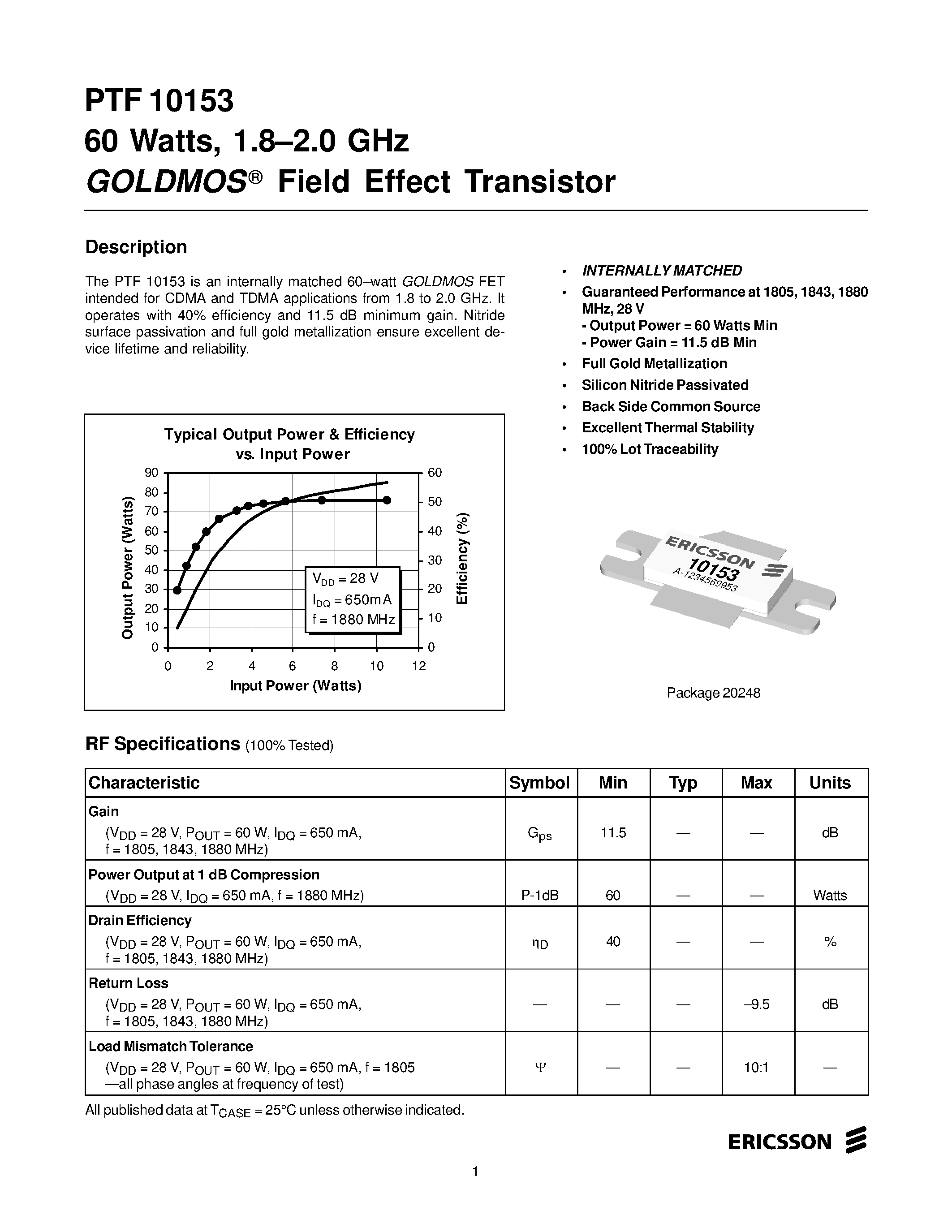 Даташит PTF10153 - 60 Watts/ 1.8-2.0 GHz GOLDMOS Field Effect Transistor страница 1