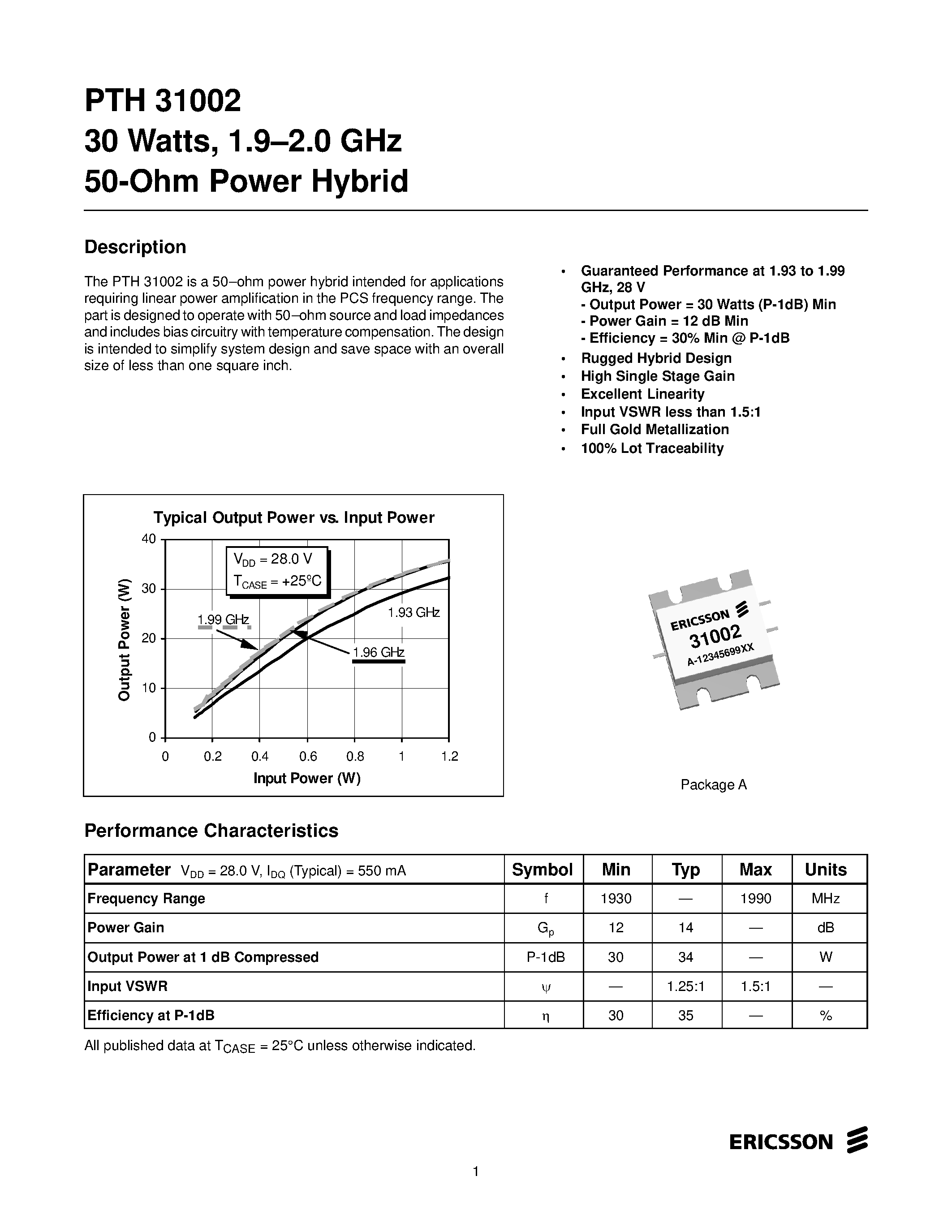 Даташит PTH31002 - 30 Watts/ 1.9-2.0 GHz 50-Ohm Power Hybrid страница 1