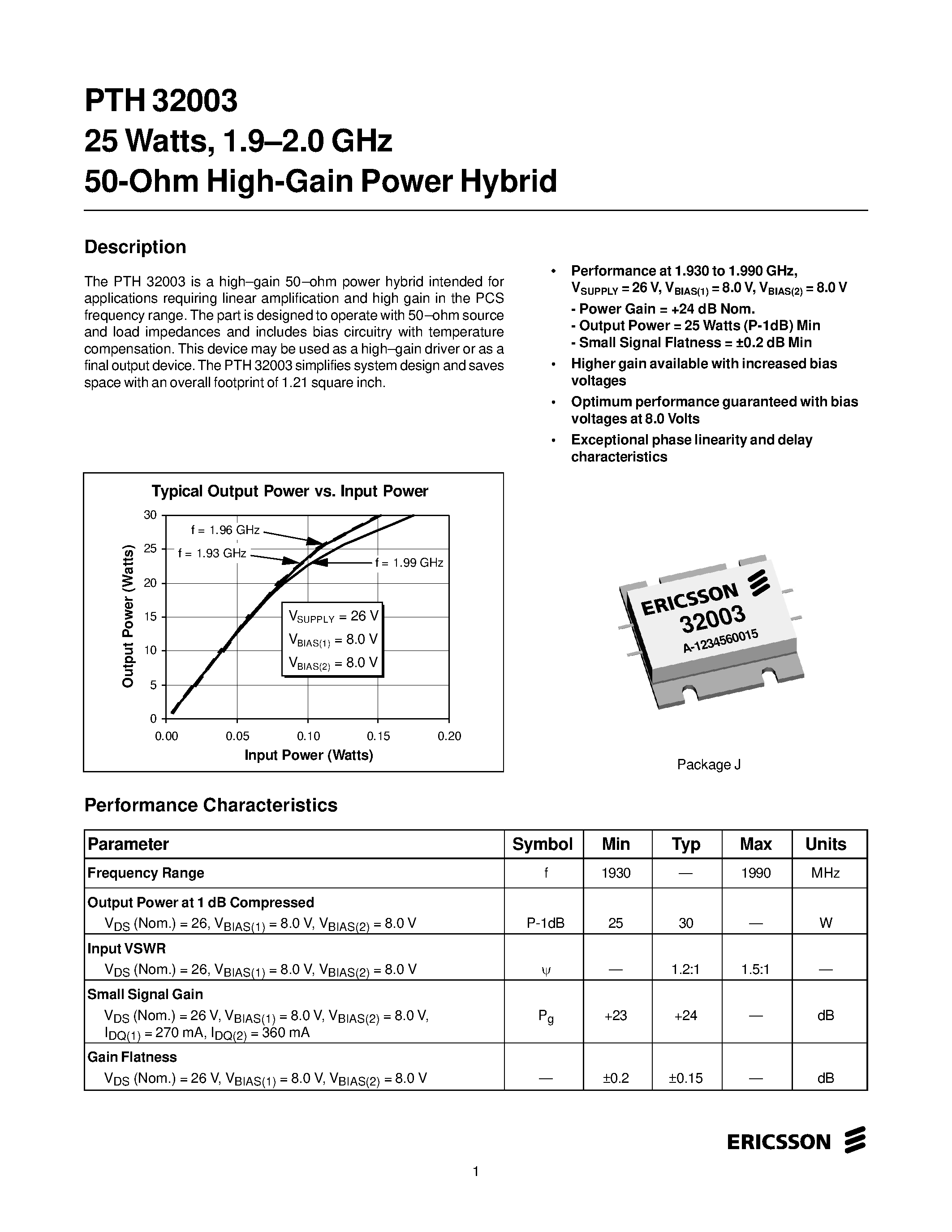 Даташит PTH32003 - 25 Watts/ 1.9-2.0 GHz 50-Ohm High-Gain Power Hybrid страница 1