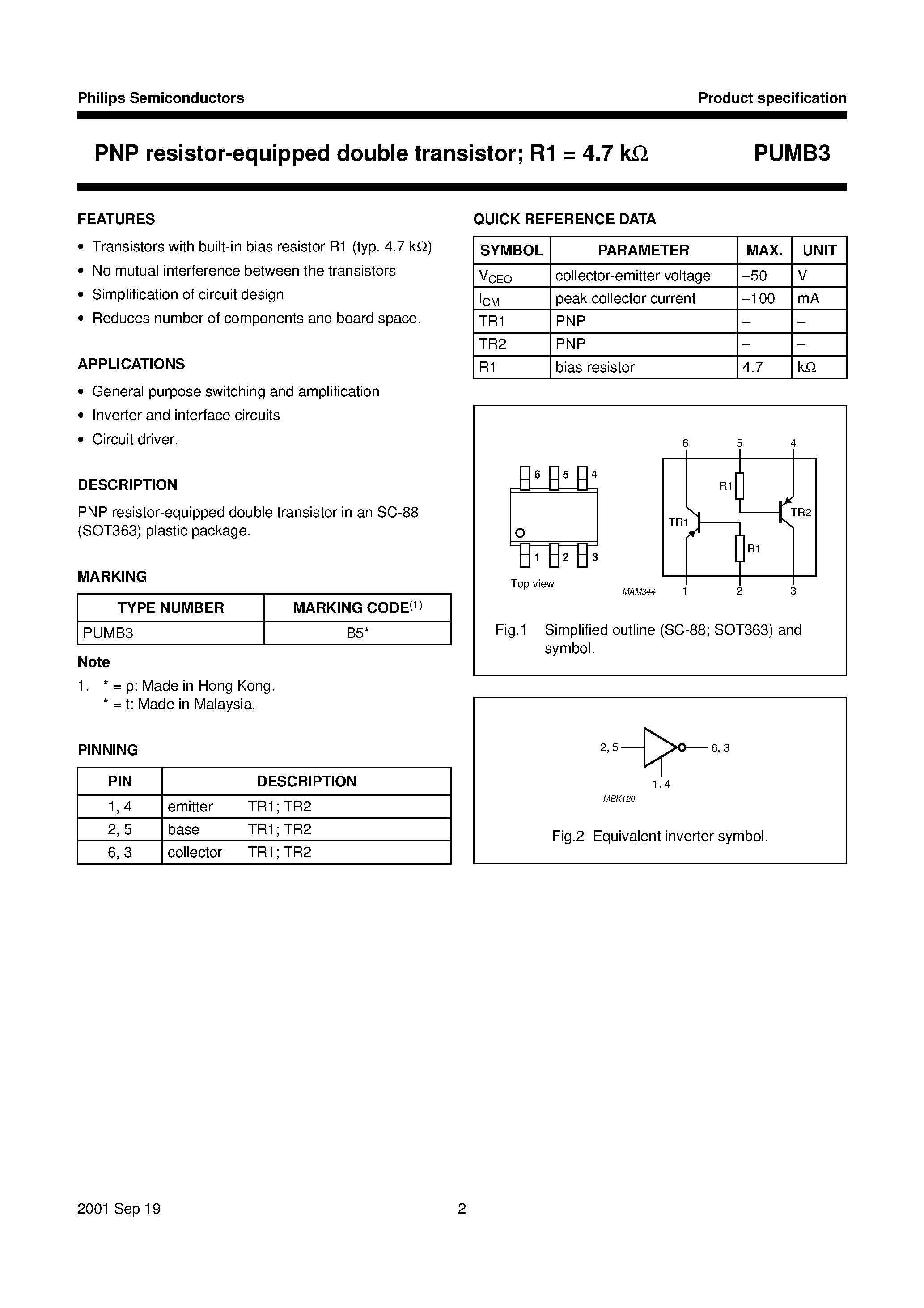 Datasheet PUMB3 - PNP resistor-equipped double transistor; R1 = 4.7 kohm page 2