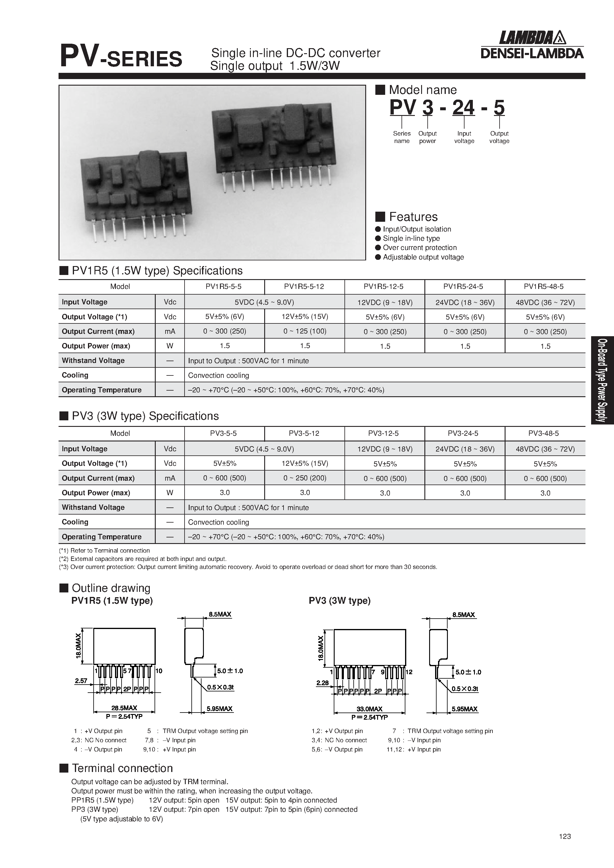 Datasheet PV3-5-5 - Single in-line DC-DC converter Single output 1.5W/3W page 1