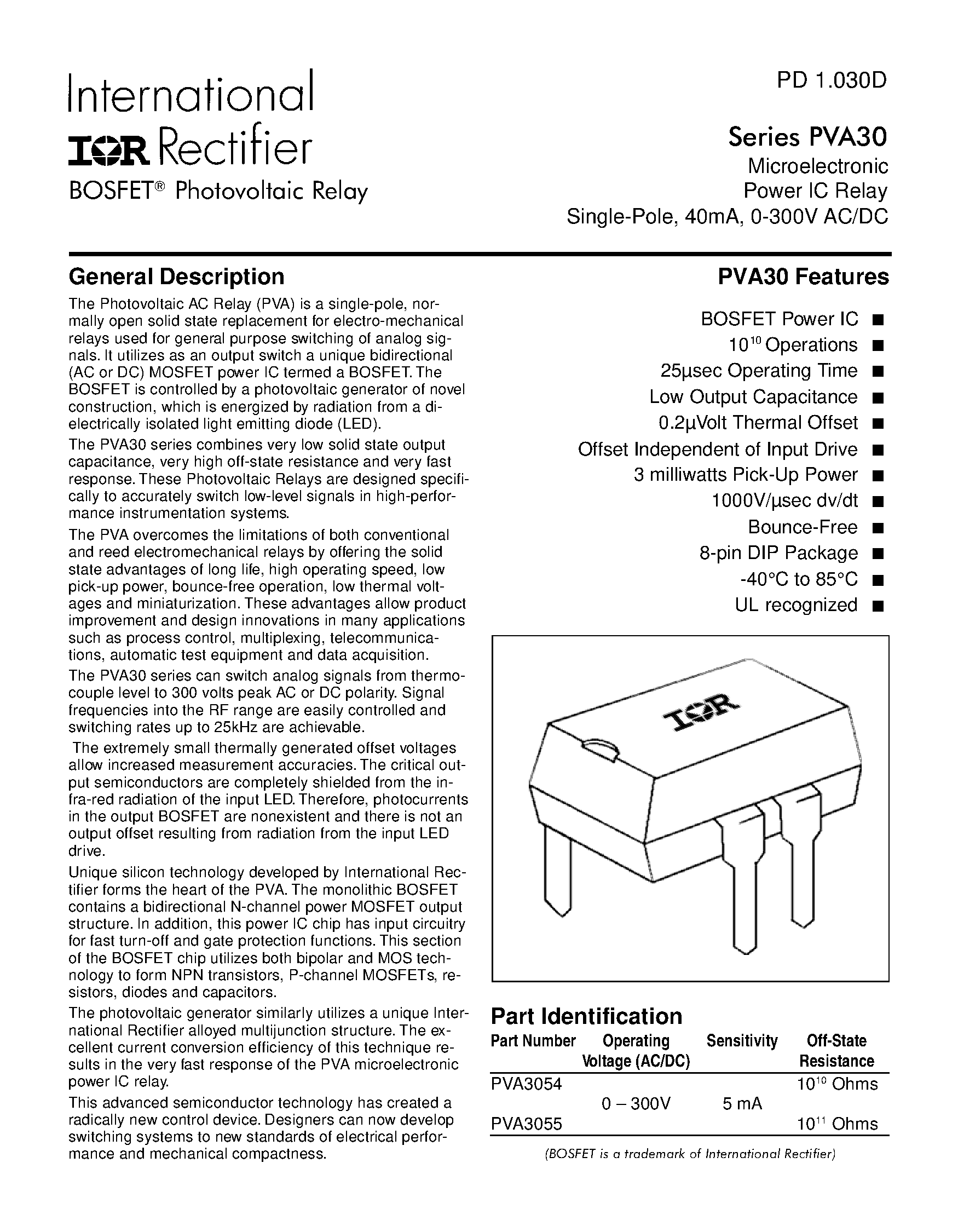 Даташит PVA30 - Photovoltaic Relay Microelectronic Power IC Relay Single-Pole/ 40mA/ 0-300V AC/DC страница 1