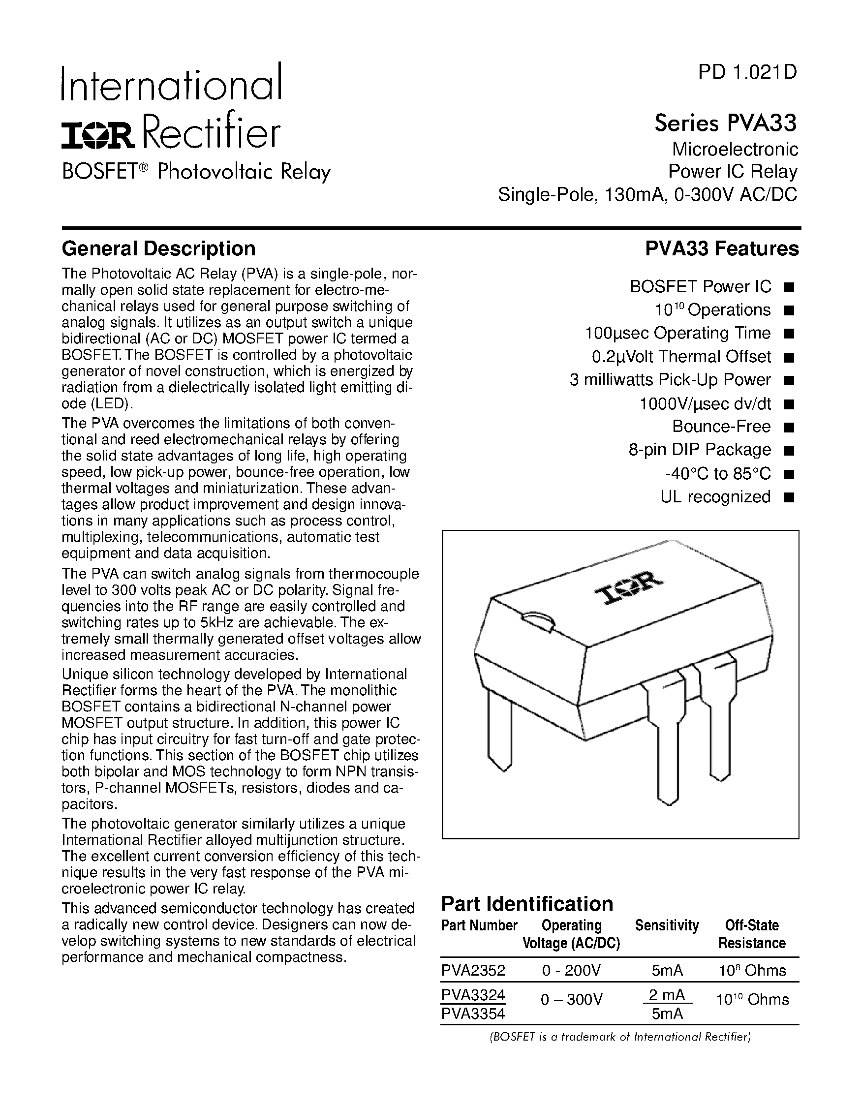 Даташит PVA33 - Photovoltaic Relay Microelectronic Power IC Relay Single-Pole/ 130mA/ 0-300V AC/DC страница 1