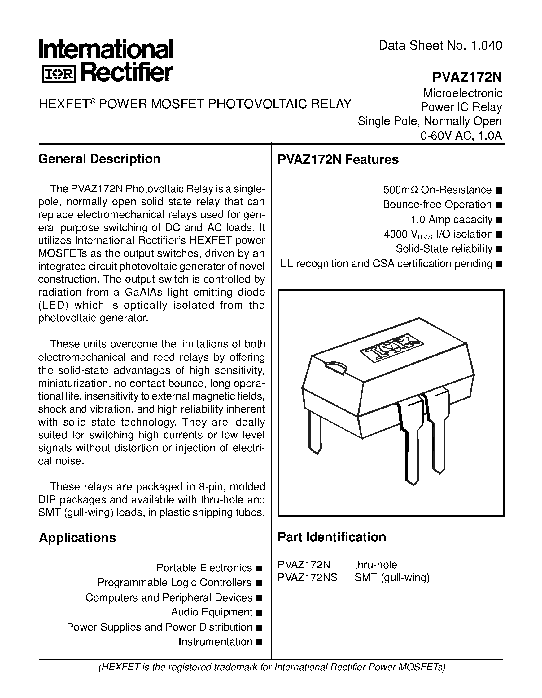 Даташит PVAZ172 - POWER MOSFET PHOTOVOLTAIC RELAY Microelectronic Power IC Relay Single Pole/ Normally Open 0-60V AC/ 1.0A страница 1