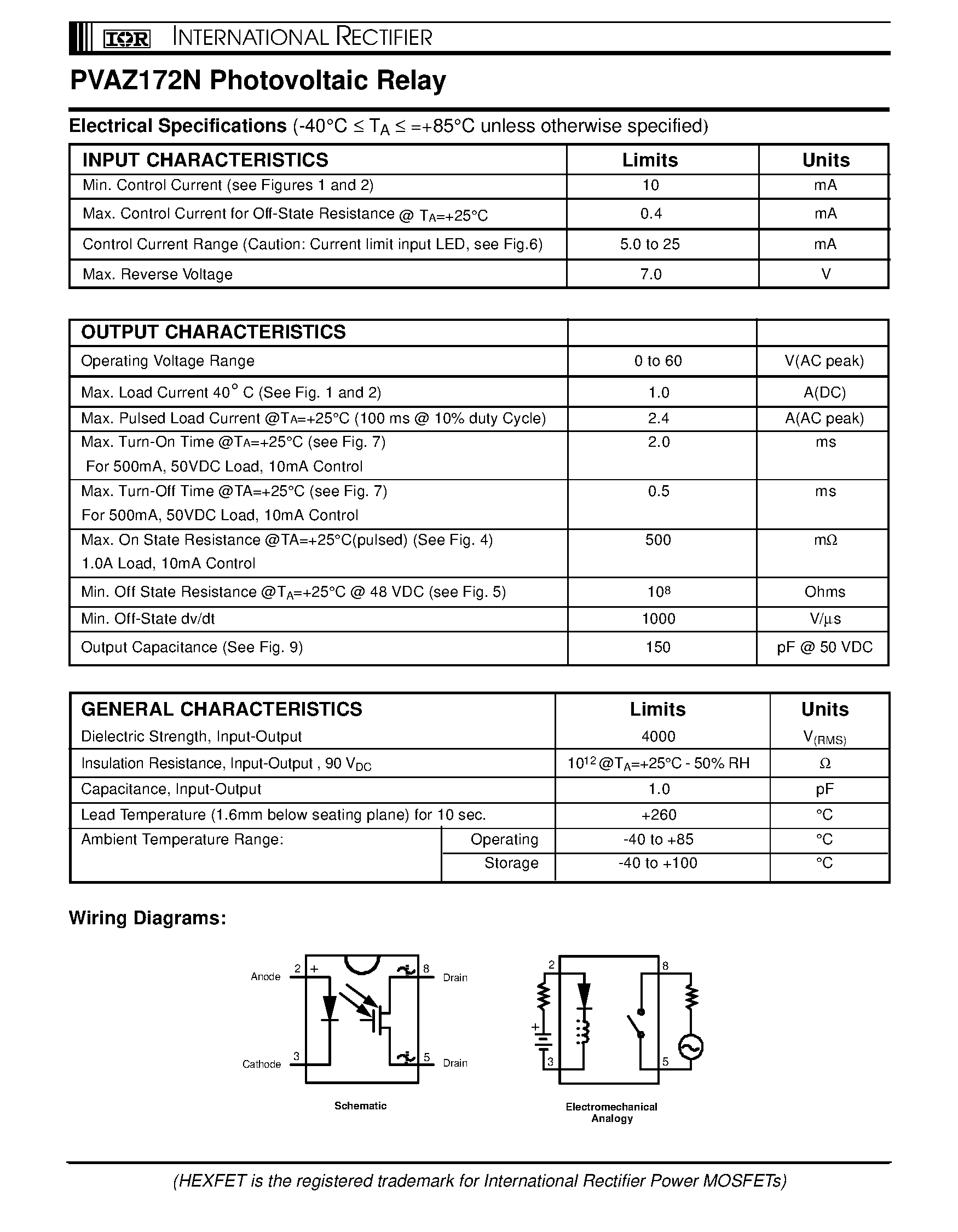 Даташит PVAZ172 - POWER MOSFET PHOTOVOLTAIC RELAY Microelectronic Power IC Relay Single Pole/ Normally Open 0-60V AC/ 1.0A страница 2