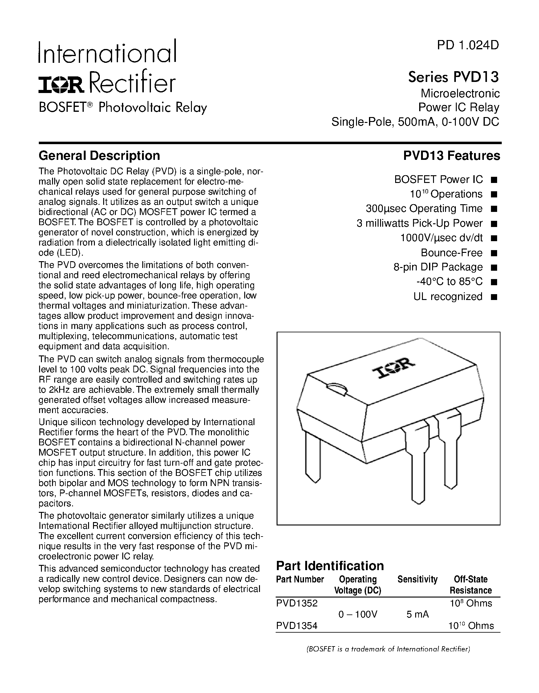 Даташит PVD13 - Photovoltaic Relay Microelectronic Power IC Relay Single-Pole/ 500mA/ 0-100V DC страница 1