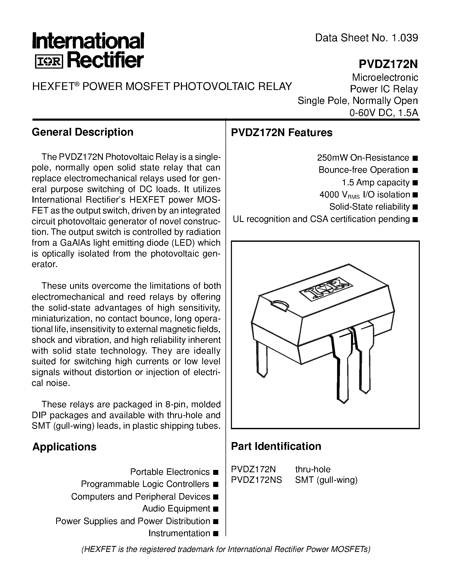 Даташит PVDZ172N - POWER MOSFET PHOTOVOLTAIC RELAY Microelectronic Power IC Relay Single Pole/ Normally Open 0-60V DC/ 1.5A страница 1