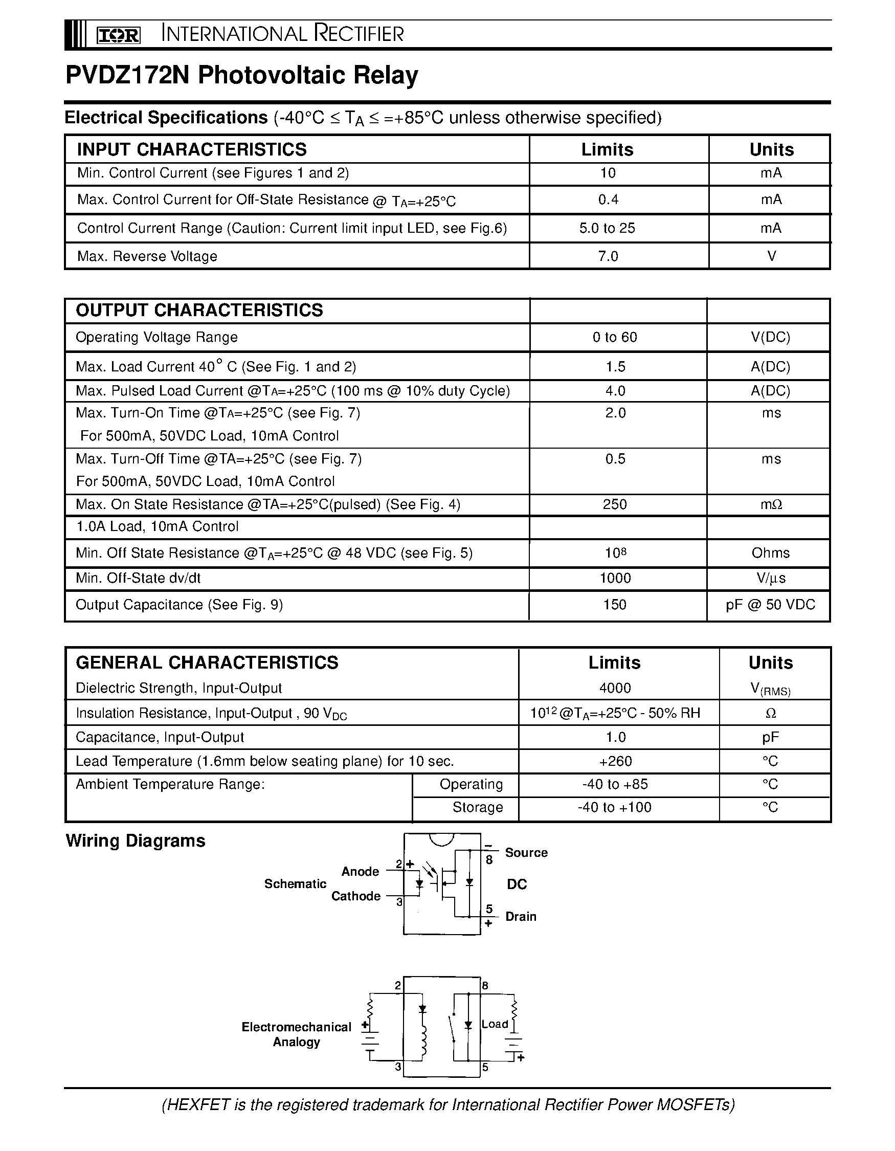 Даташит PVDZ172N - POWER MOSFET PHOTOVOLTAIC RELAY Microelectronic Power IC Relay Single Pole/ Normally Open 0-60V DC/ 1.5A страница 2