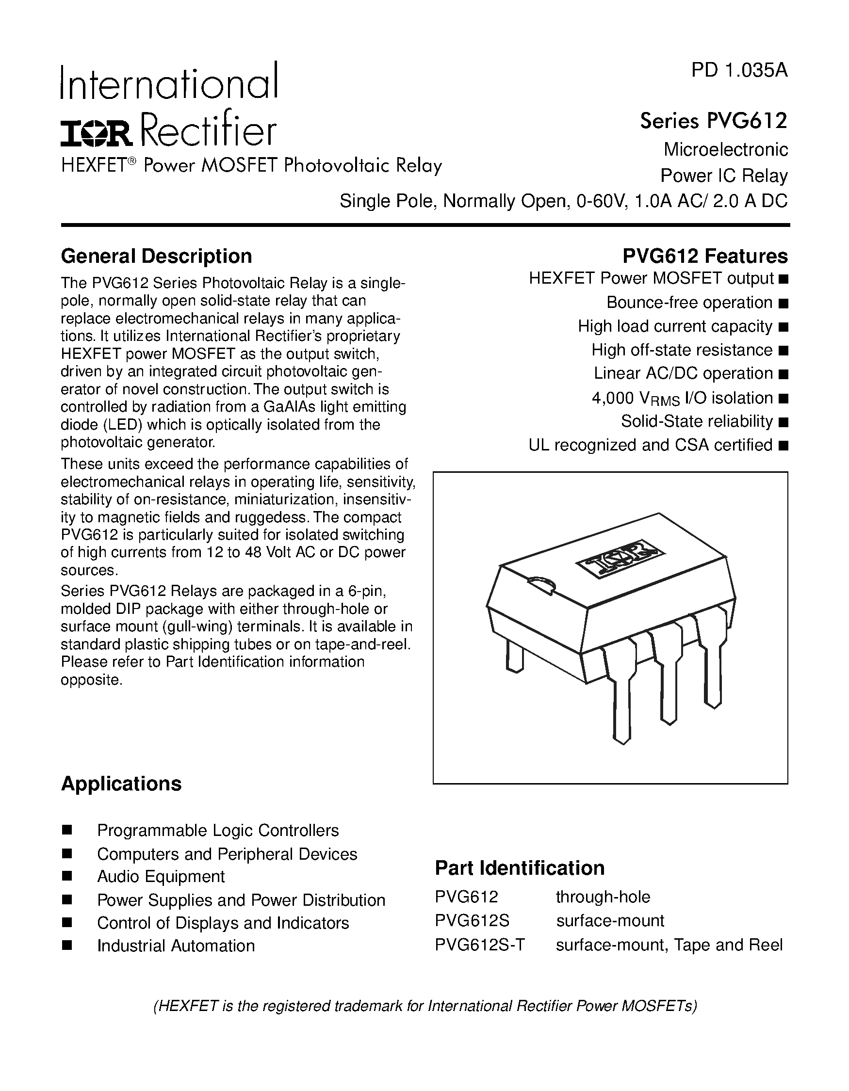 Даташит PVG612 - Power MOSFET Photovoltaic Relay Microelectronic Power IC Relay Single Pole/ Normally Open/ 0-60V/ 1.0A AC/ 2.0 A DC страница 1