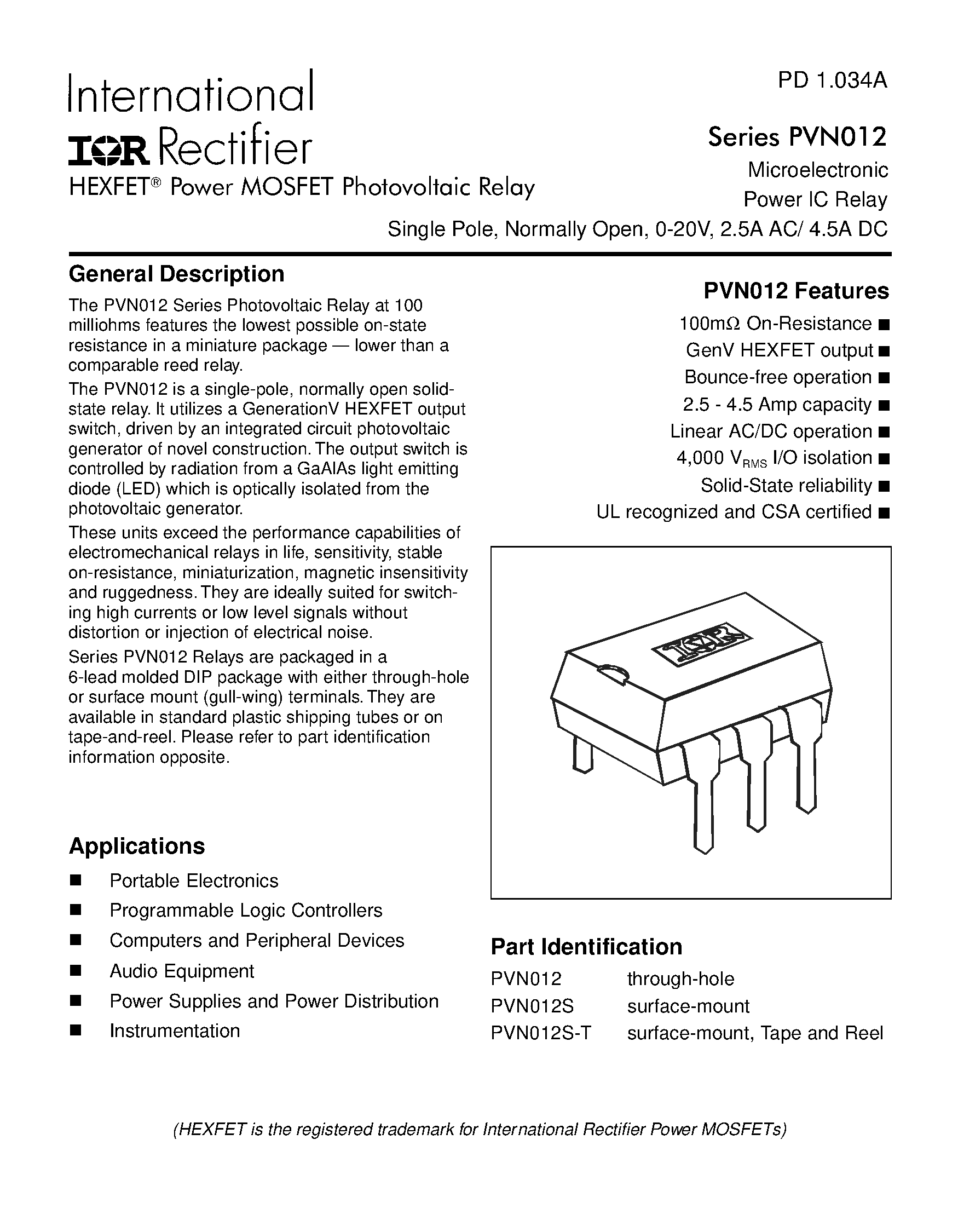 Даташит PVN012 - Power MOSFET Photovoltaic Relay Microelectronic Power IC Relay Single Pole/ Normally Open/ 0-20V/ 2.5A AC/ 4.5A DC страница 1