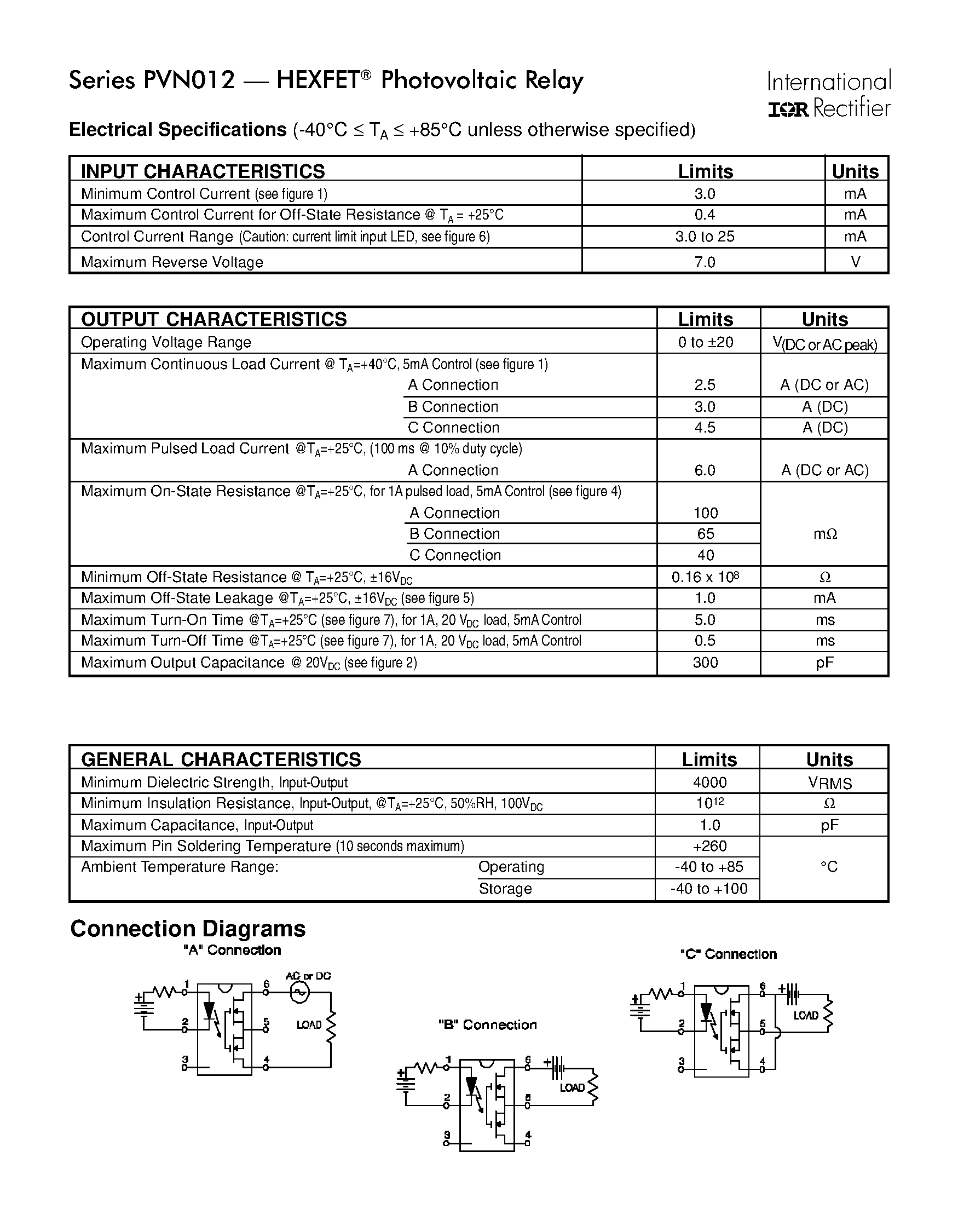 Даташит PVN012 - Power MOSFET Photovoltaic Relay Microelectronic Power IC Relay Single Pole/ Normally Open/ 0-20V/ 2.5A AC/ 4.5A DC страница 2