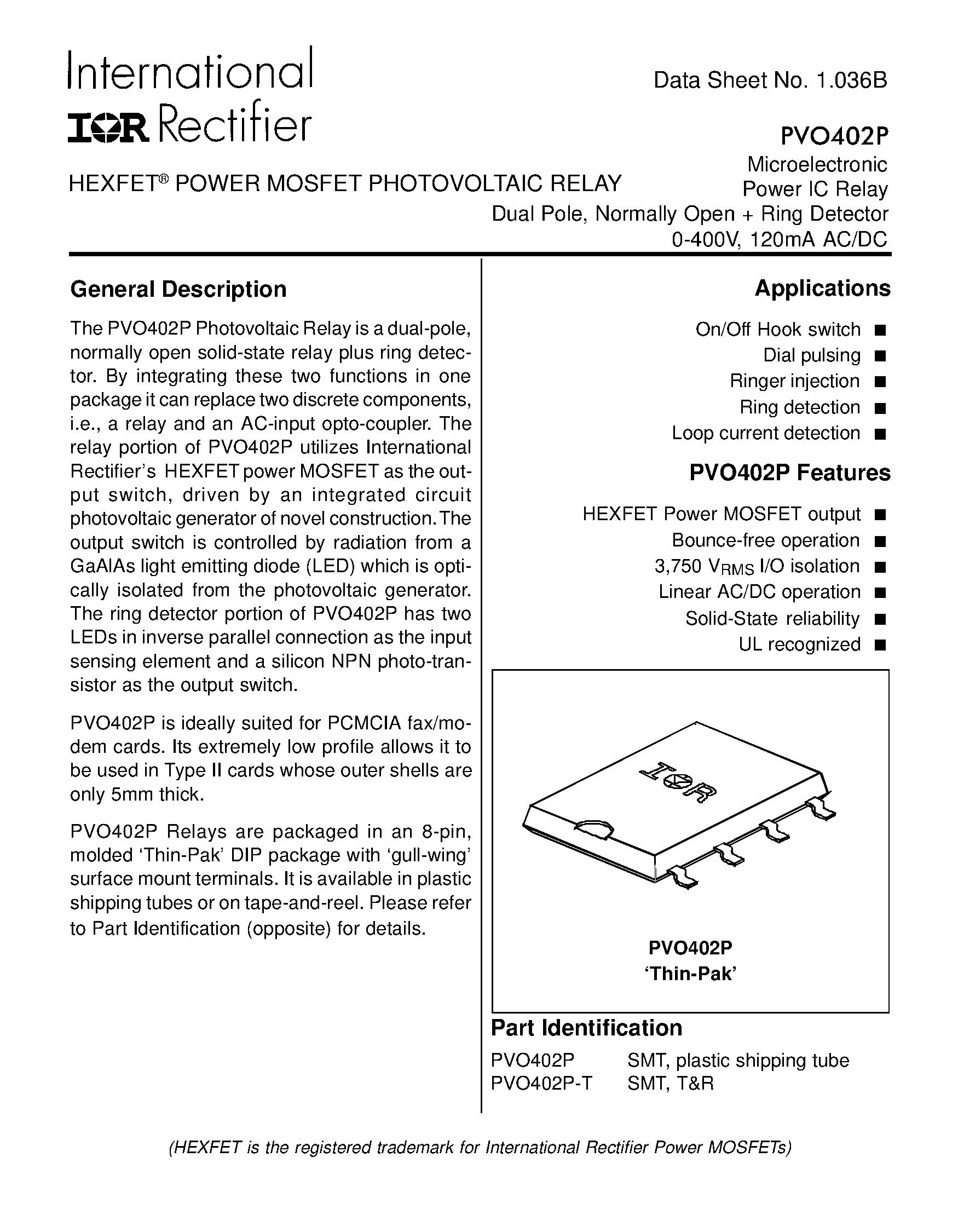 Даташит PVO402 - POWER MOSFET PHOTOVOLTAIC RELAY Microelectronic Power IC Relay Dual Pole/ Normally Open Ring Detector 0-400V/ 120mA AC/DC страница 1