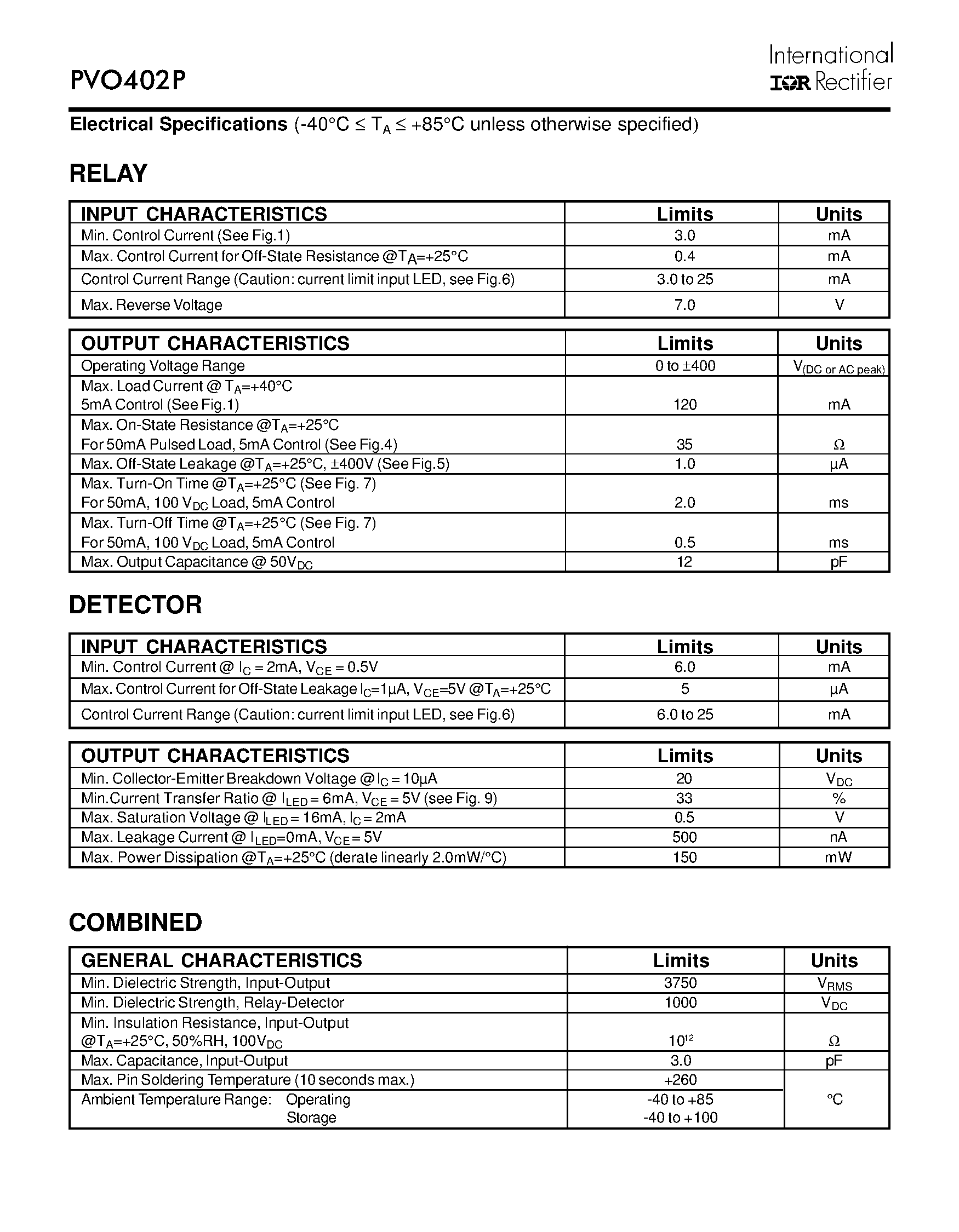 Даташит PVO402 - POWER MOSFET PHOTOVOLTAIC RELAY Microelectronic Power IC Relay Dual Pole/ Normally Open Ring Detector 0-400V/ 120mA AC/DC страница 2