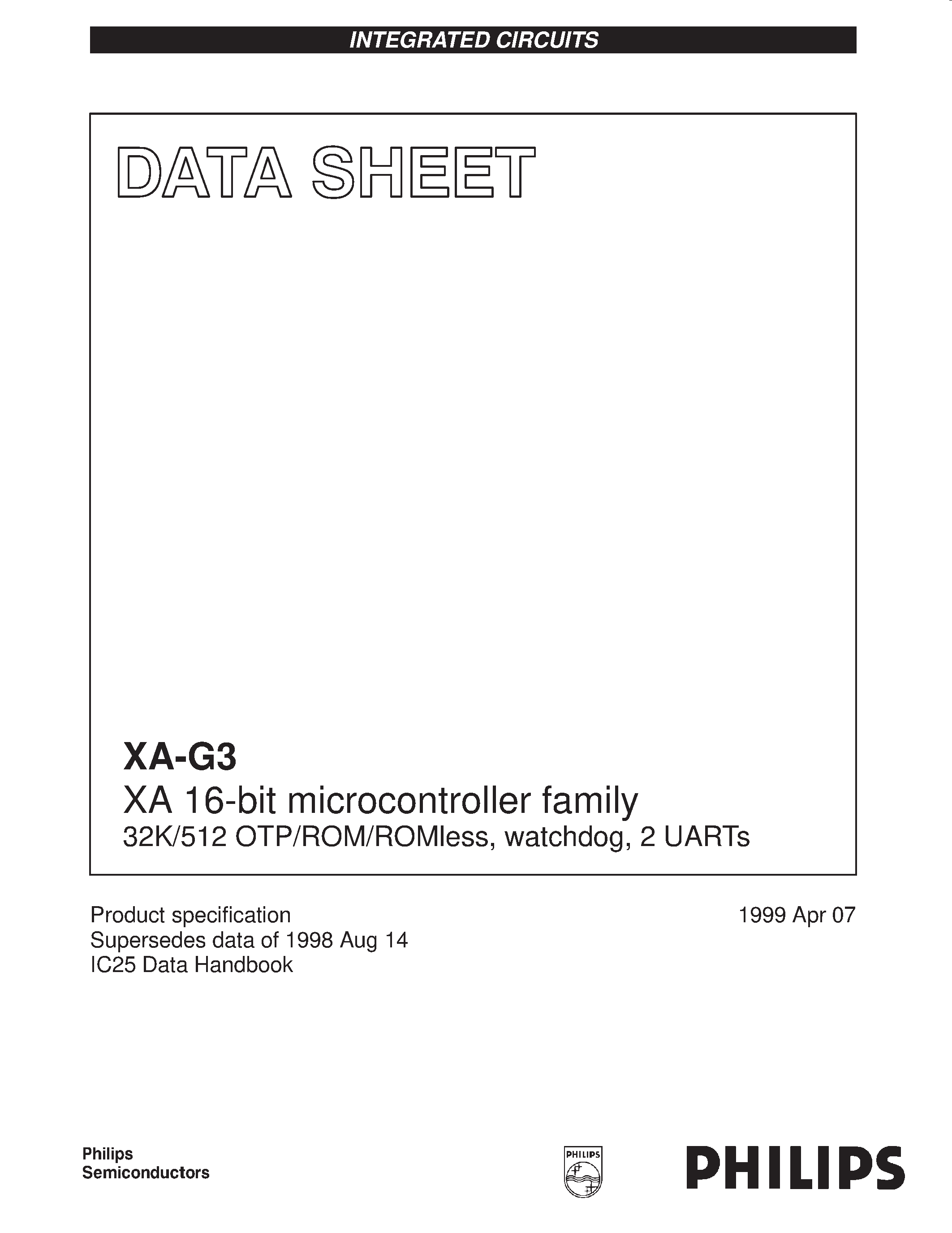 Даташит PXAG37KBA - XA 16-bit microcontroller family 32K/512 OTP/ROM/ROMless/ watchdog/ 2 UARTs страница 1