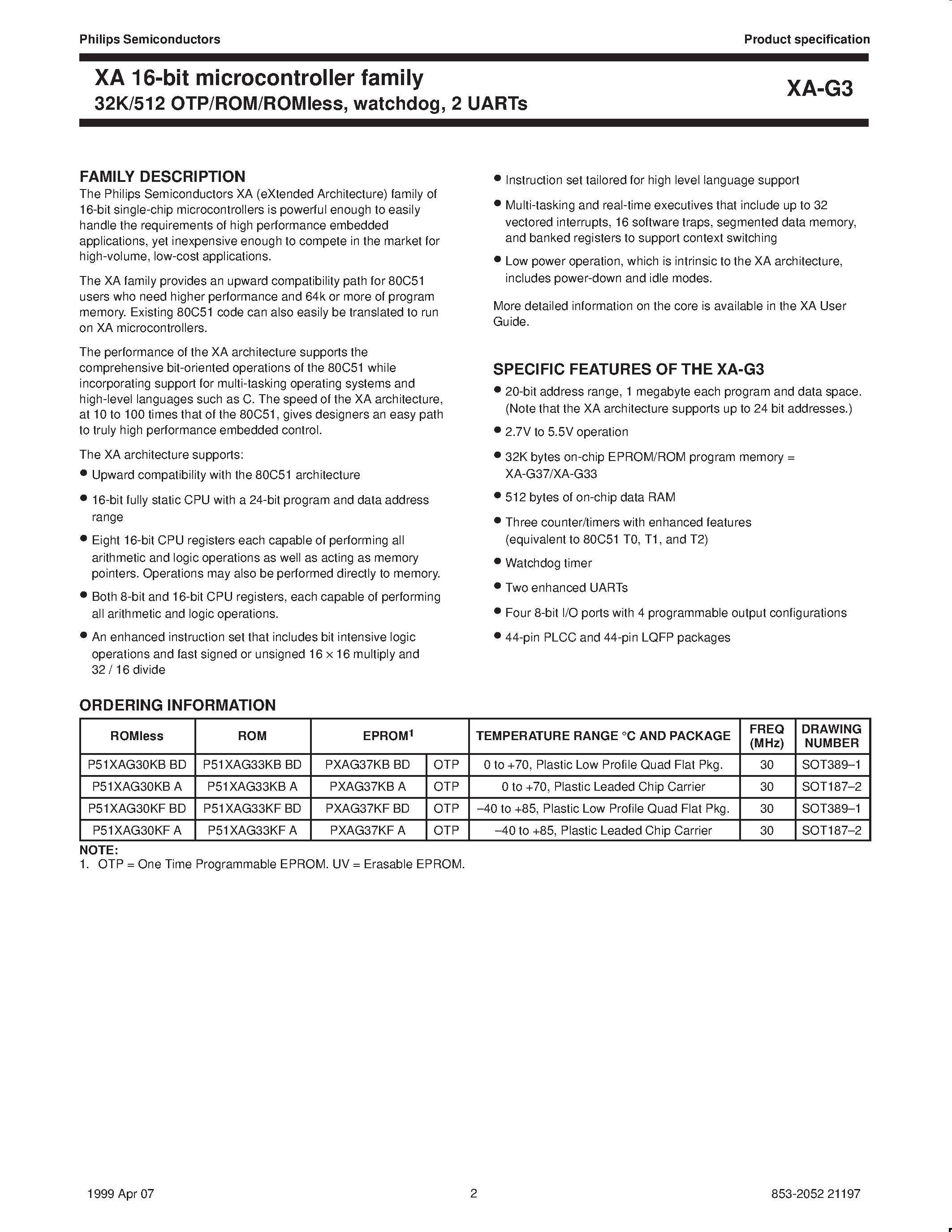 Даташит PXAG37KBA - XA 16-bit microcontroller family 32K/512 OTP/ROM/ROMless/ watchdog/ 2 UARTs страница 2