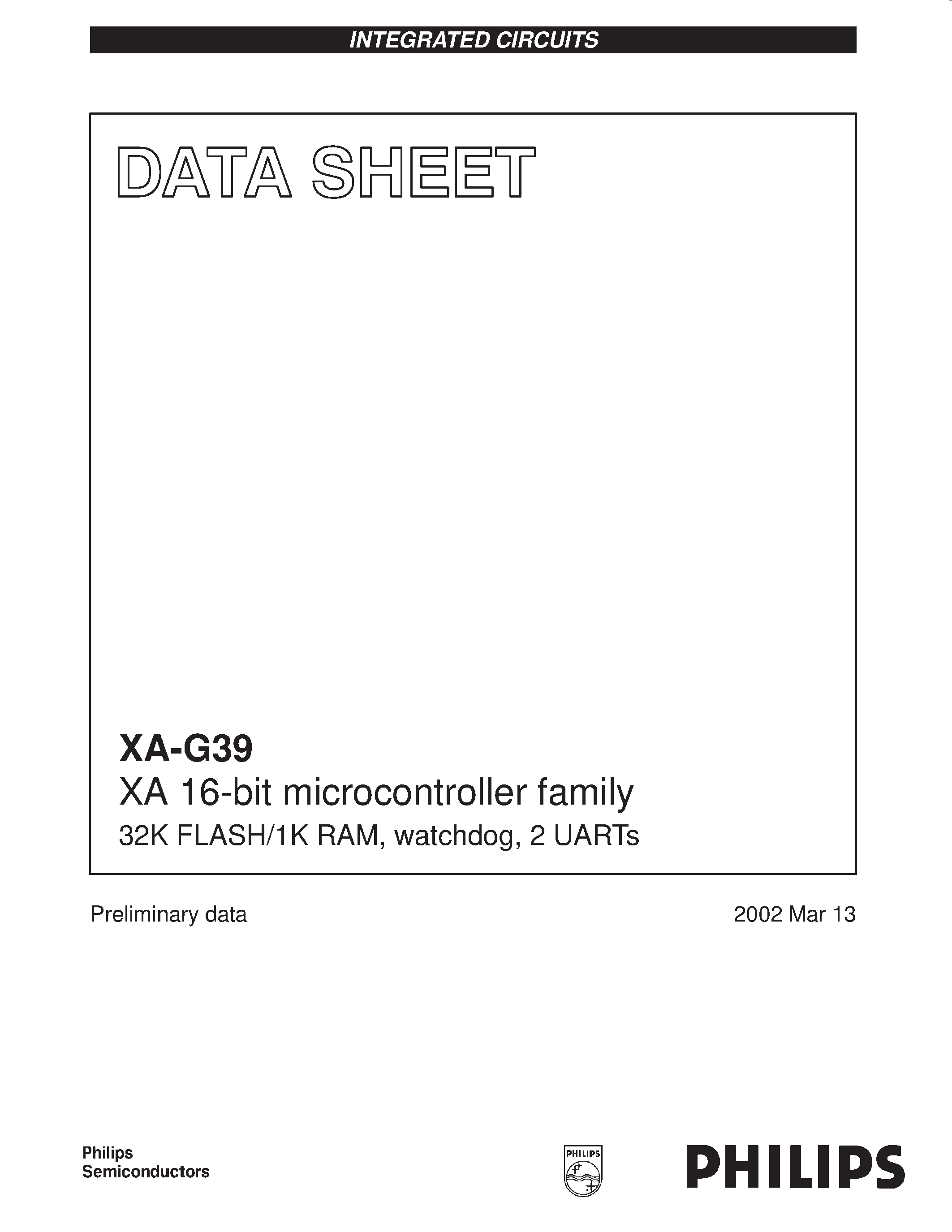 Даташит PXAG39KBA - XA 16-bit microcontroller family XA 16-bit microcontroller 32K FLASH/1K RAM/ watchdog/ 2 UARTs страница 1