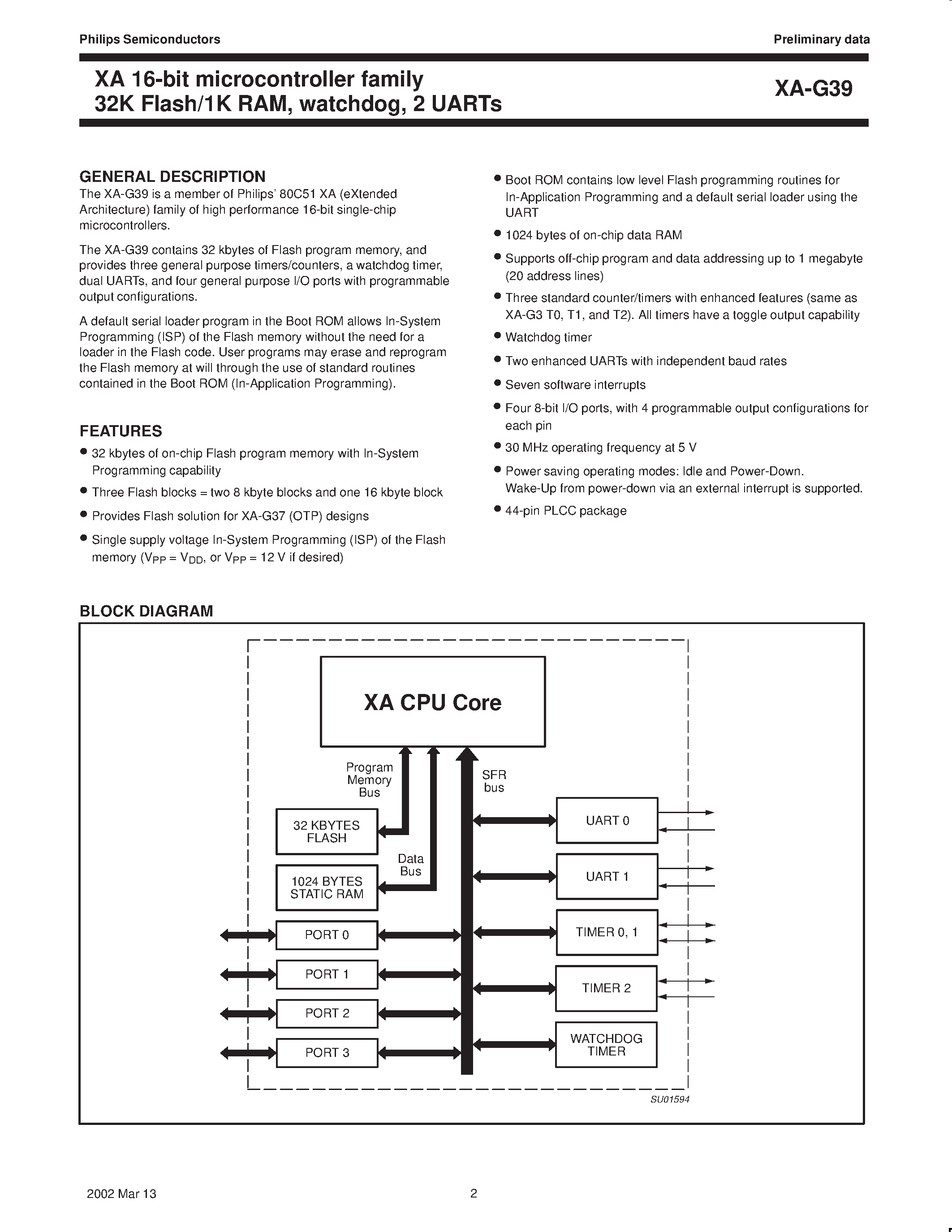 Даташит PXAG39KBA - XA 16-bit microcontroller family XA 16-bit microcontroller 32K FLASH/1K RAM/ watchdog/ 2 UARTs страница 2