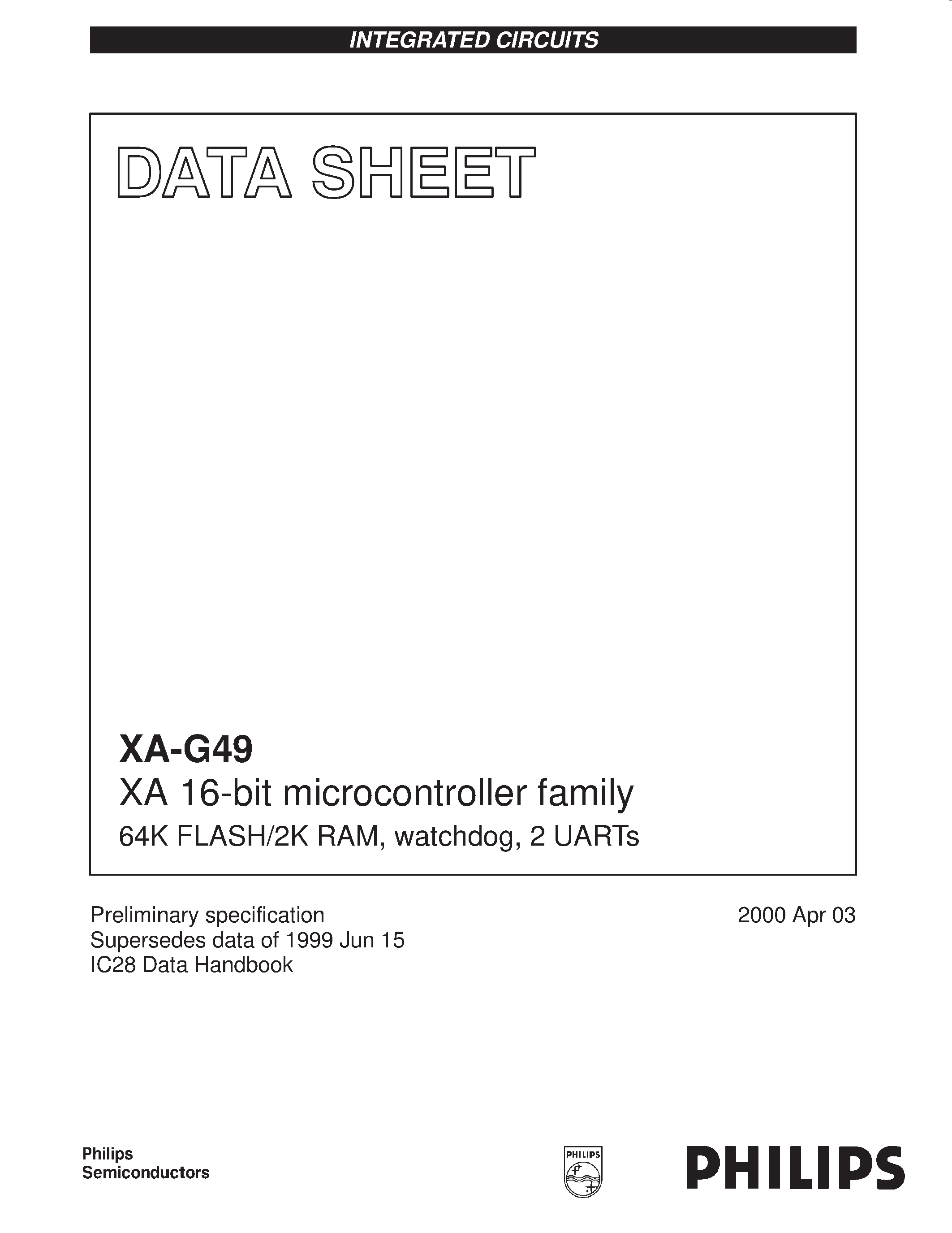 Даташит PXAG49KBA - XA 16-bit microcontroller family 64K FLASH/2K RAM/ watchdog/ 2 UARTs страница 1