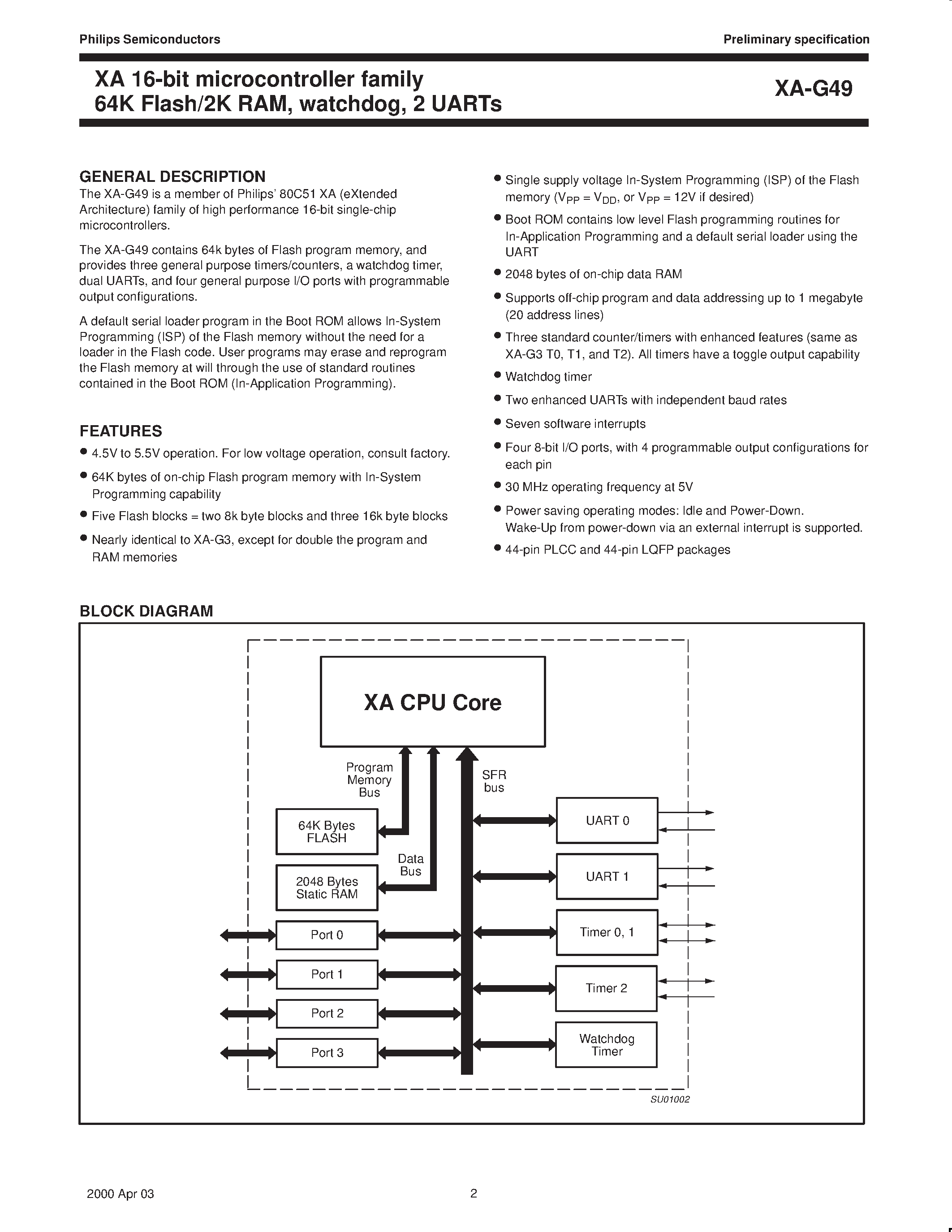 Даташит PXAG49KBA - XA 16-bit microcontroller family 64K FLASH/2K RAM/ watchdog/ 2 UARTs страница 2