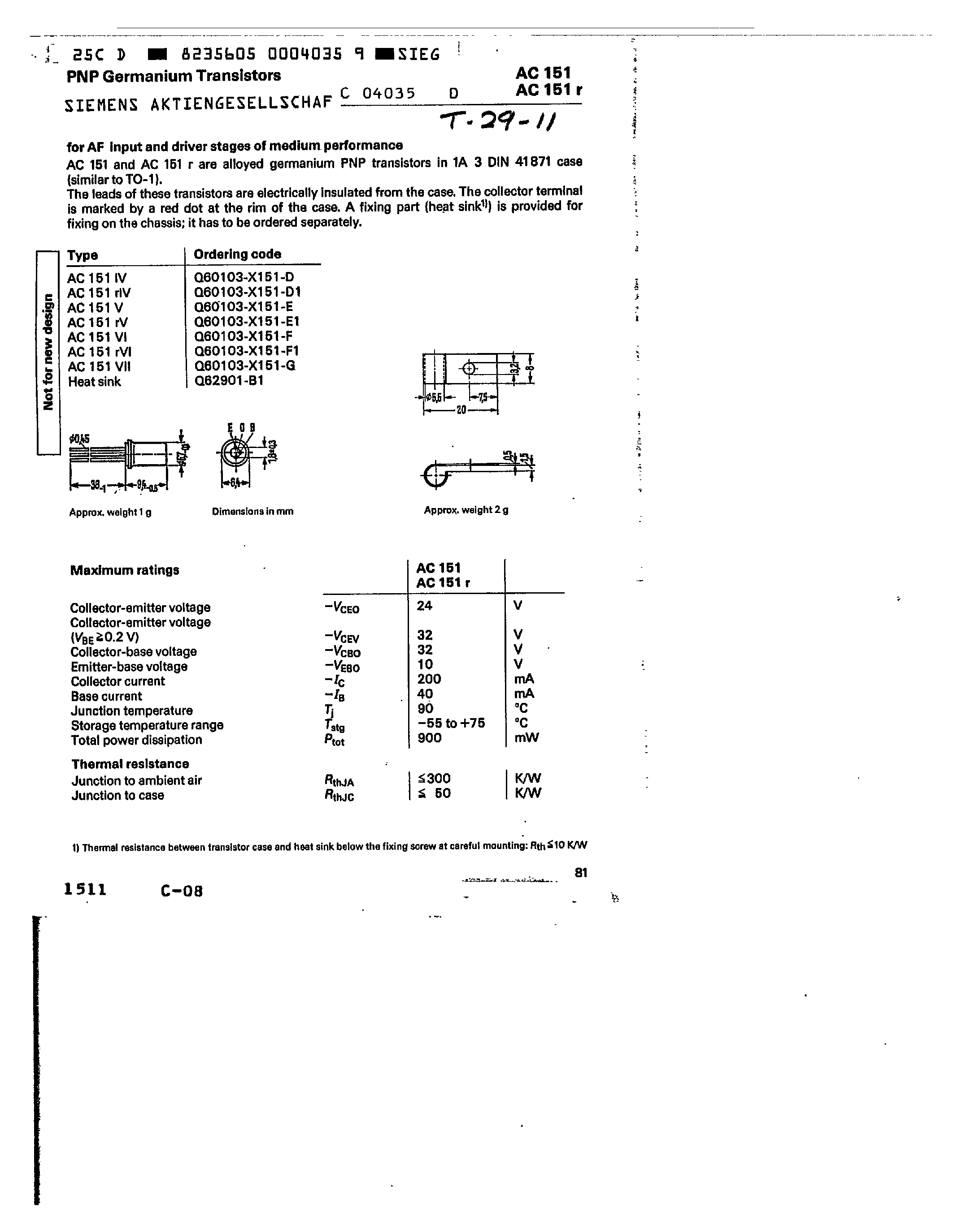 Datasheet Q60103-X151-D - PNP GERMANIUM TRANSISTORS page 1