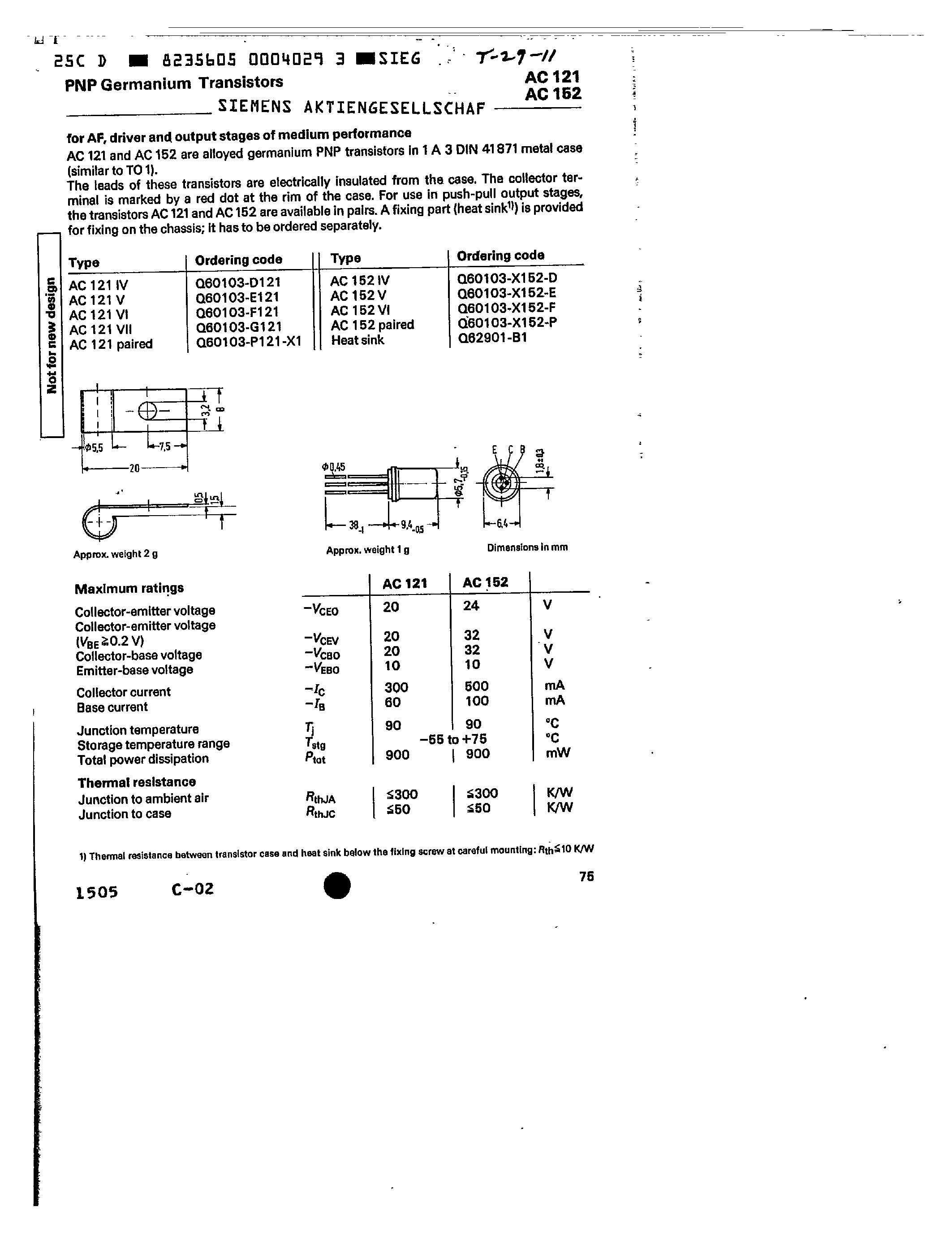 Даташит Q60103-X152-F - pnp germanium transistors страница 1