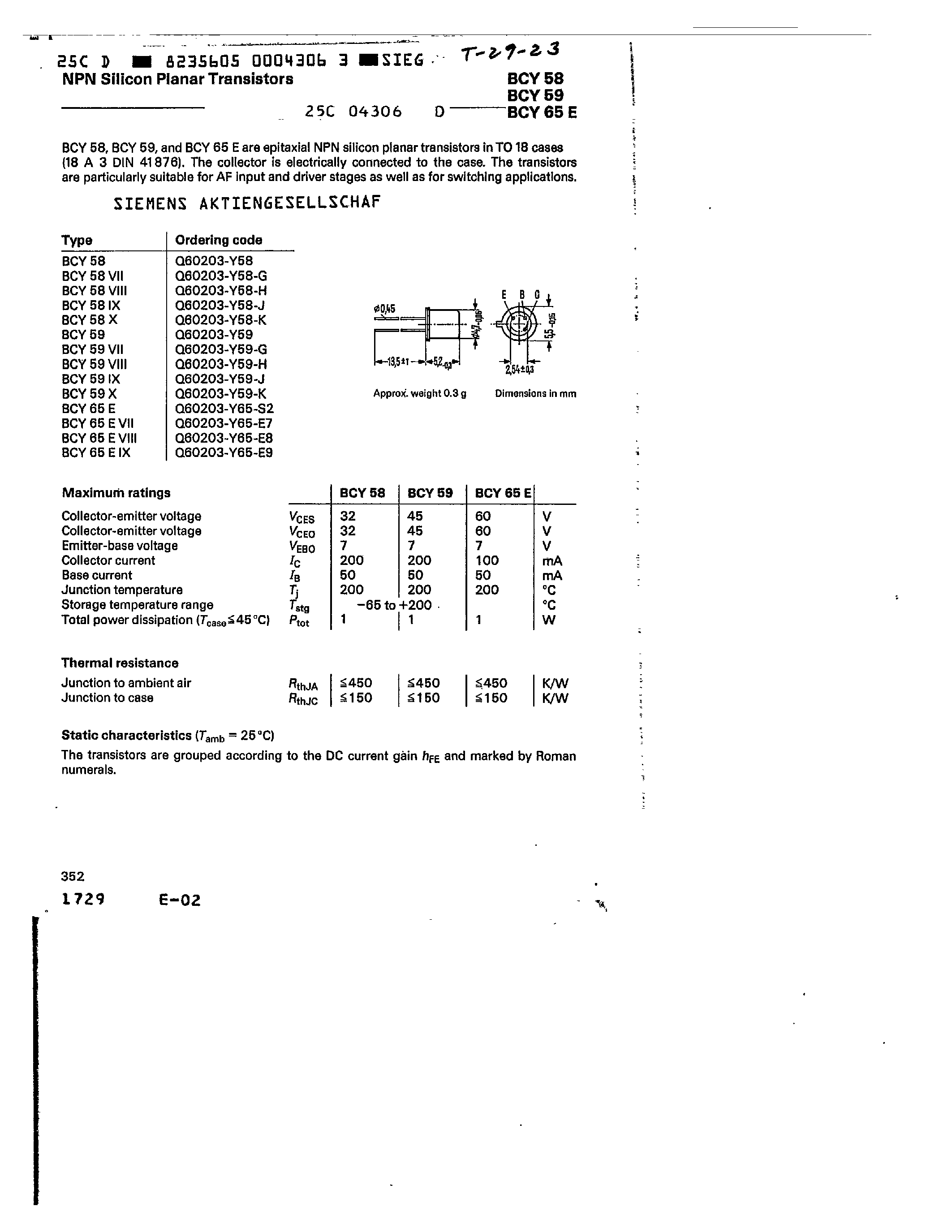 Datasheet Q60203-Y58-J page 1 Datasheet Q60203-Y58-J - npn silicon planar transistors page 1