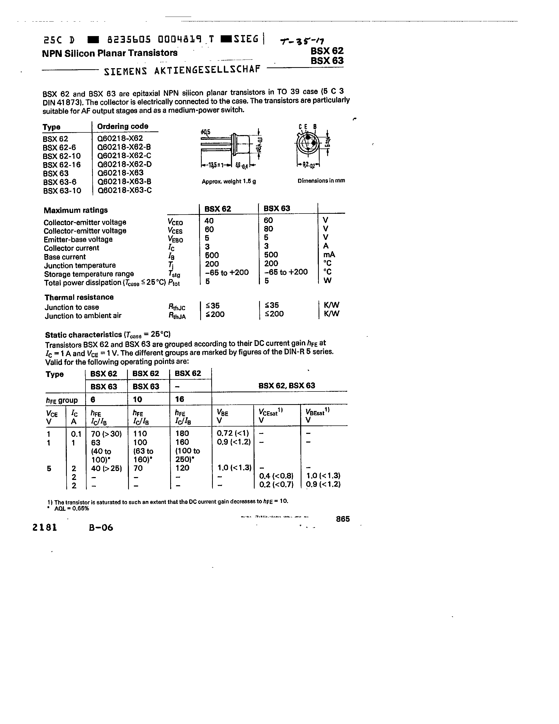 Datasheet Q60218-X62-B - NPN SILICON PLANAR TRANSISTORS page 1