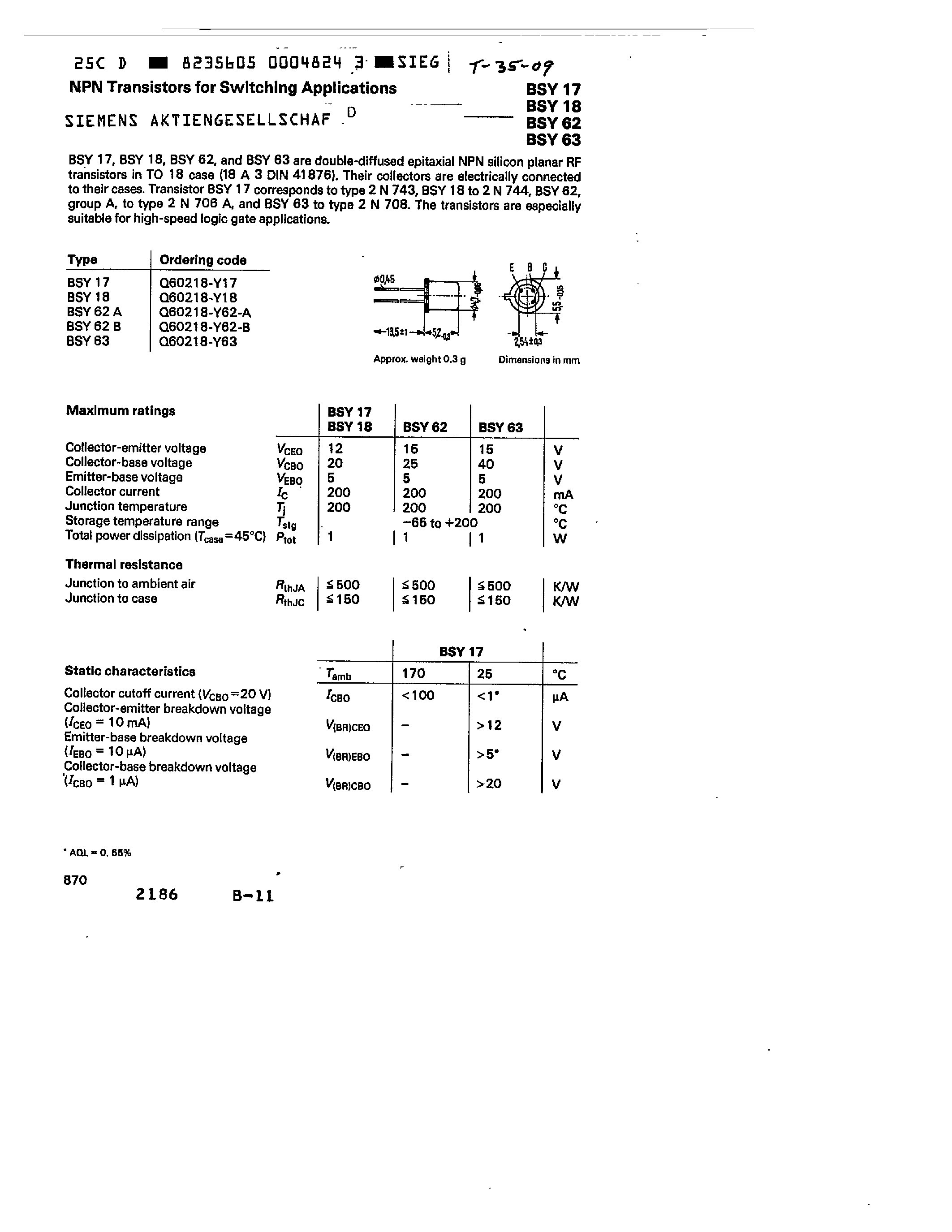 Datasheet Q60218-Y62-B - NPN TRANSISTORS FOR SWITCHING APPLICATIONS page 1