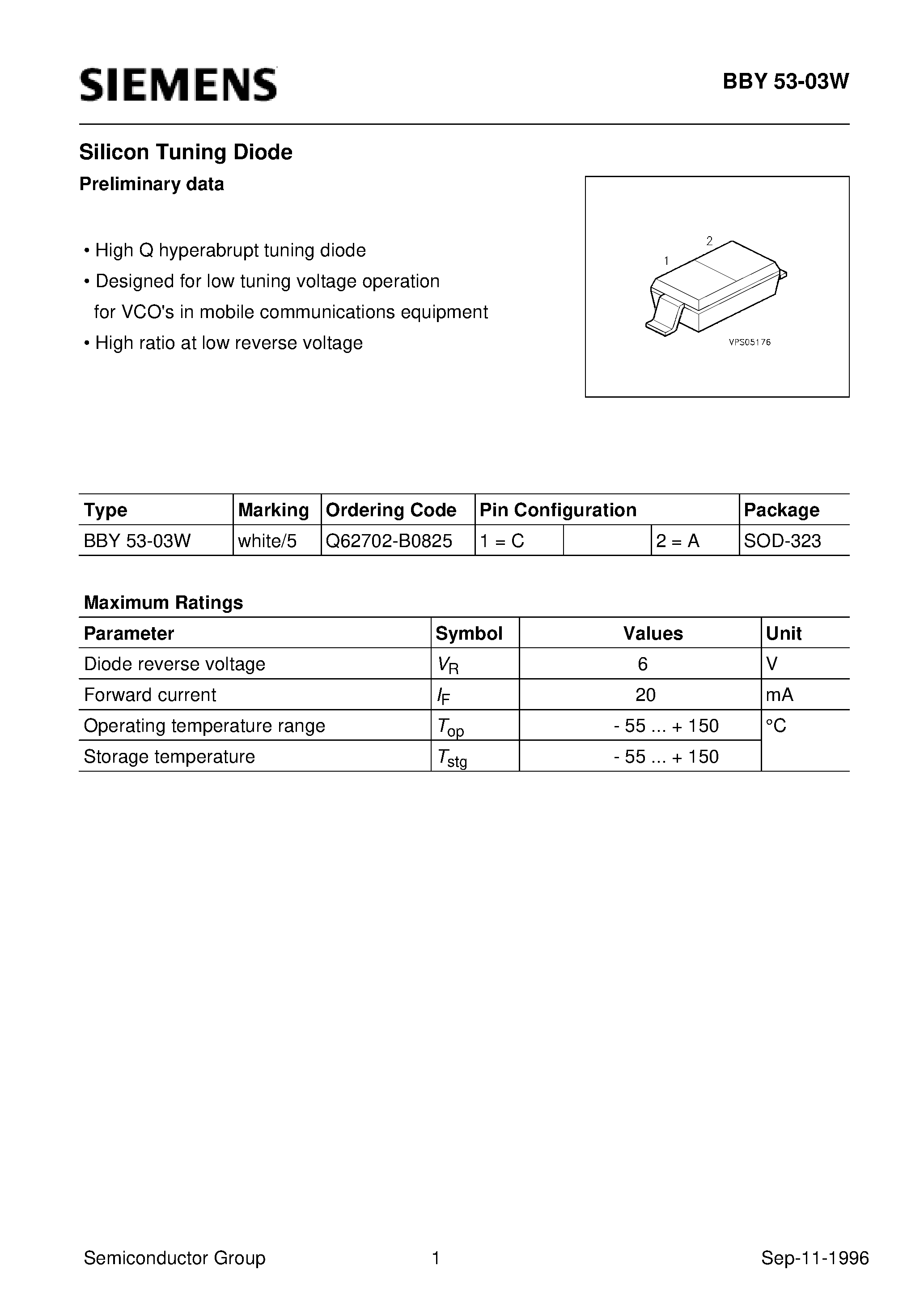 Даташит Q62702-B0825 - Silicon Tuning Diode (High Q hyperabrupt tuning diode Designed for low tuning voltage operation) страница 1