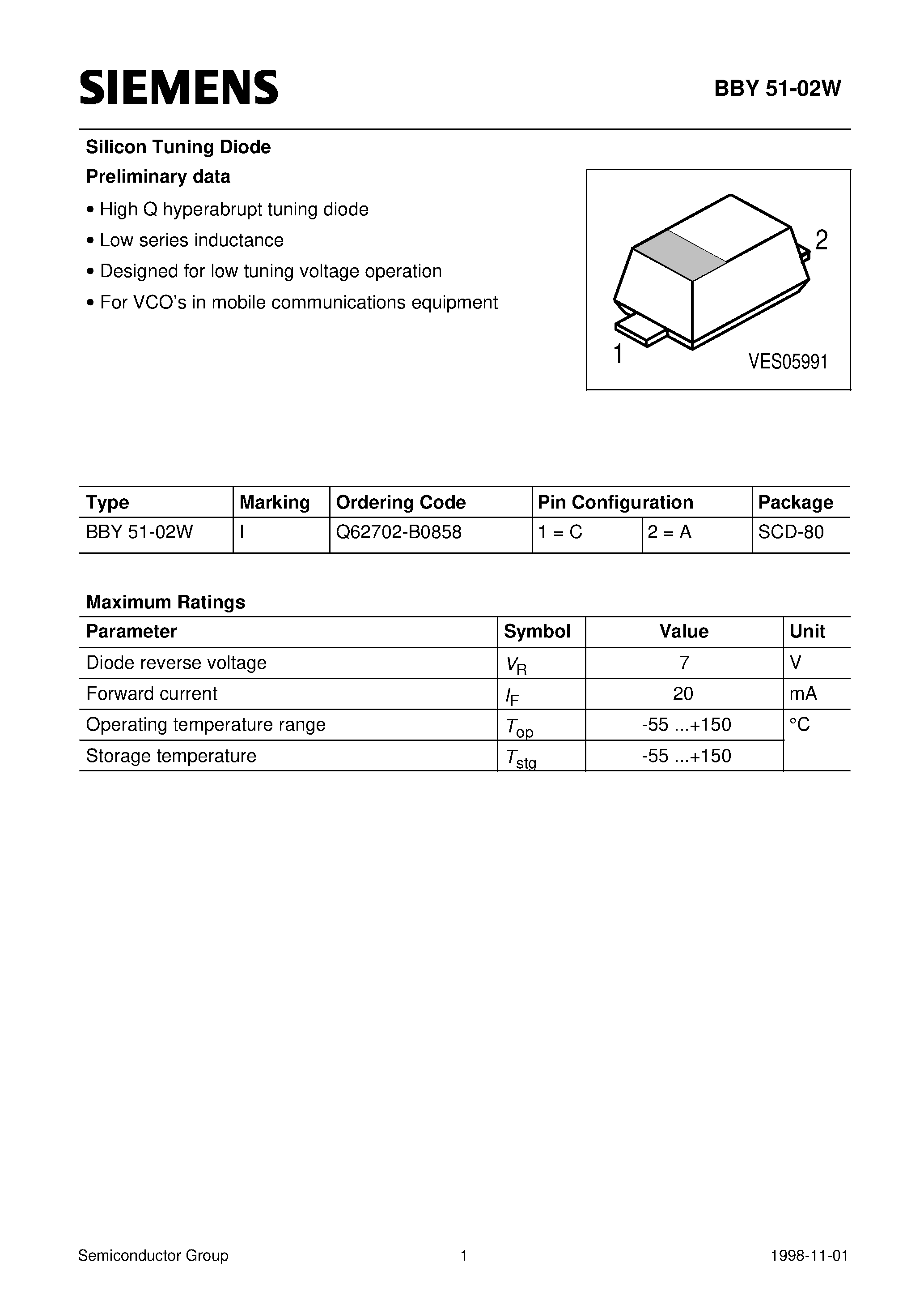 Даташит Q62702-B0858 - Silicon Tuning Diode (High Q hyperabrupt tuning diode Low series inductance) страница 1