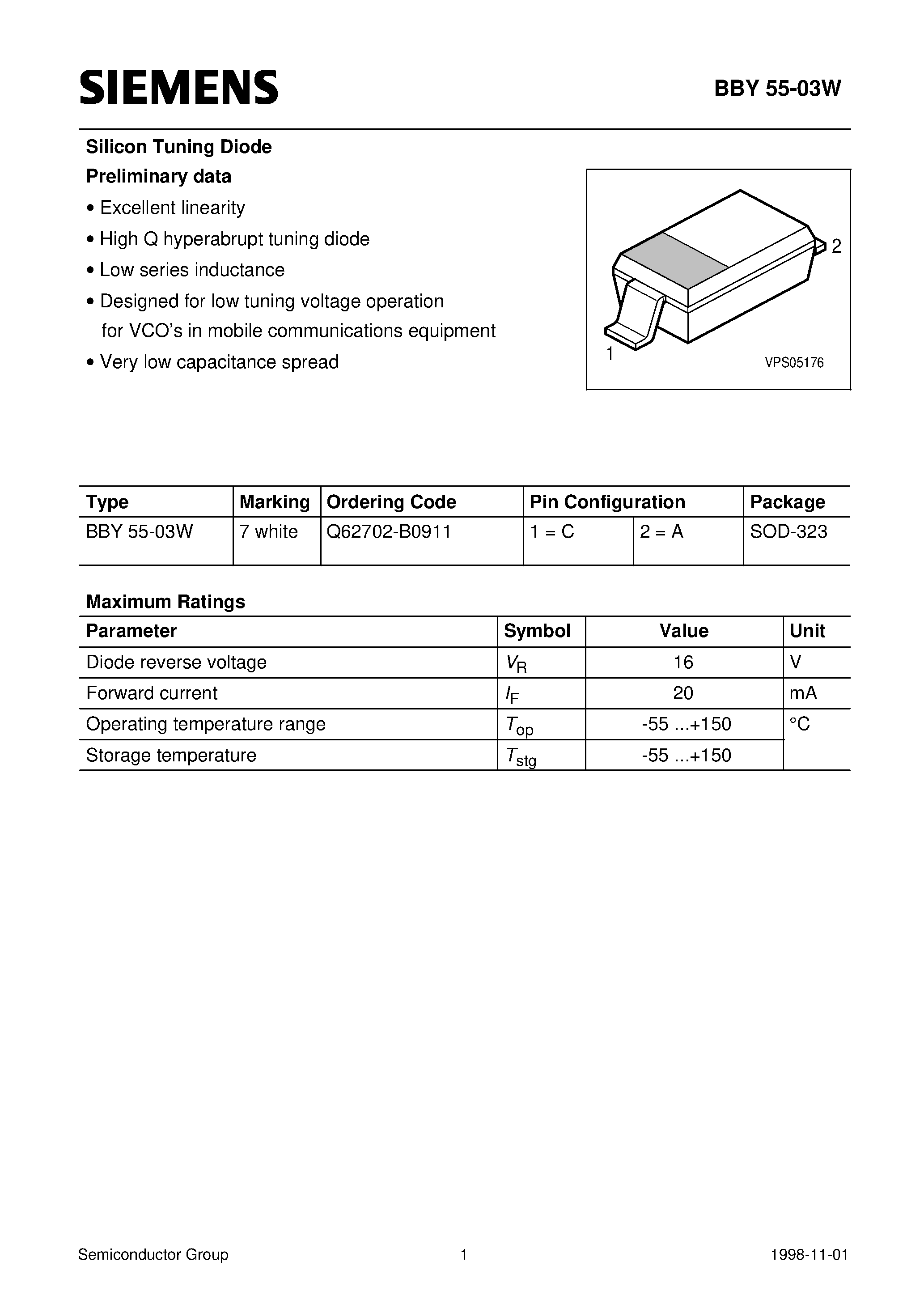 Даташит Q62702-B0911 - Silicon Tuning Diode (Excellent linearity High Q hyperabrupt tuning diode Low series inductance) страница 1