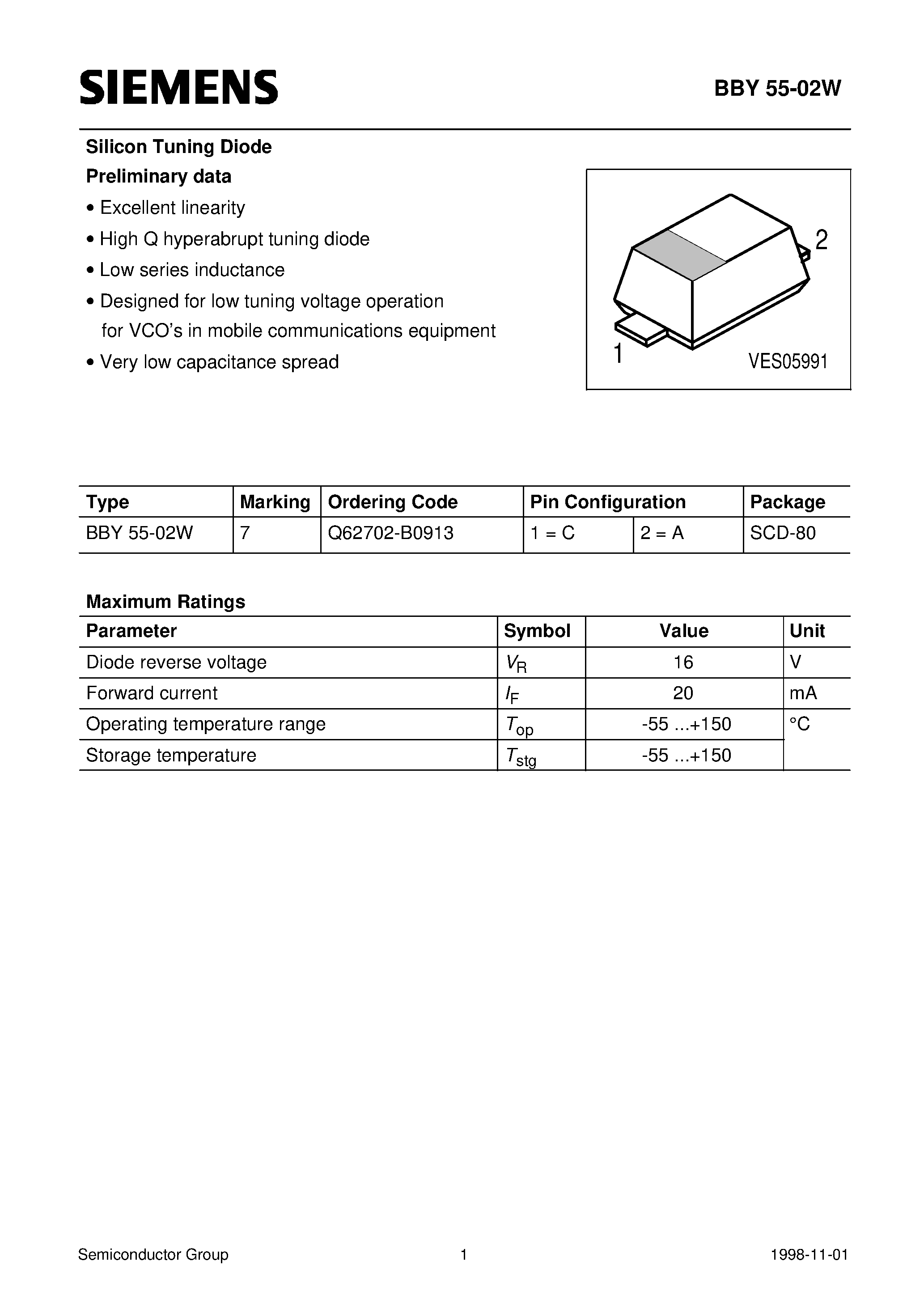 Даташит Q62702-B0913 - Silicon Tuning Diode (Excellent linearity High Q hyperabrupt tuning diode Low series inductance) страница 1