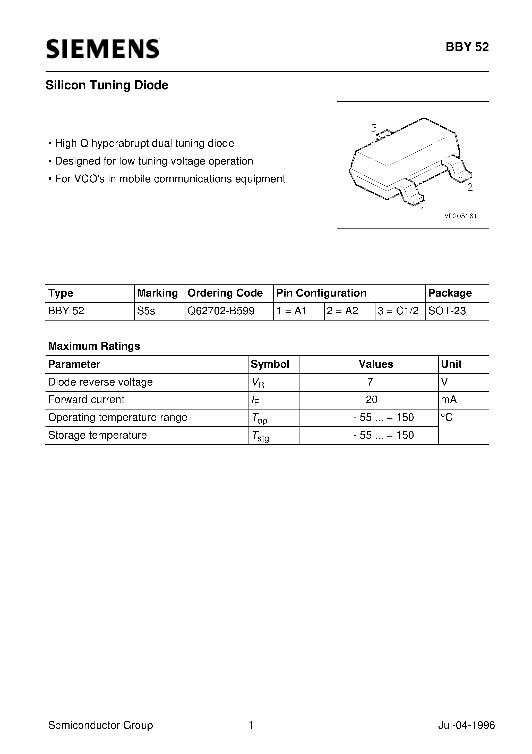 Даташит Q62702-B599 - Silicon Tuning Diode (High Q hyperabrupt dual tuning diode Designed for low tuning voltage operation) страница 1