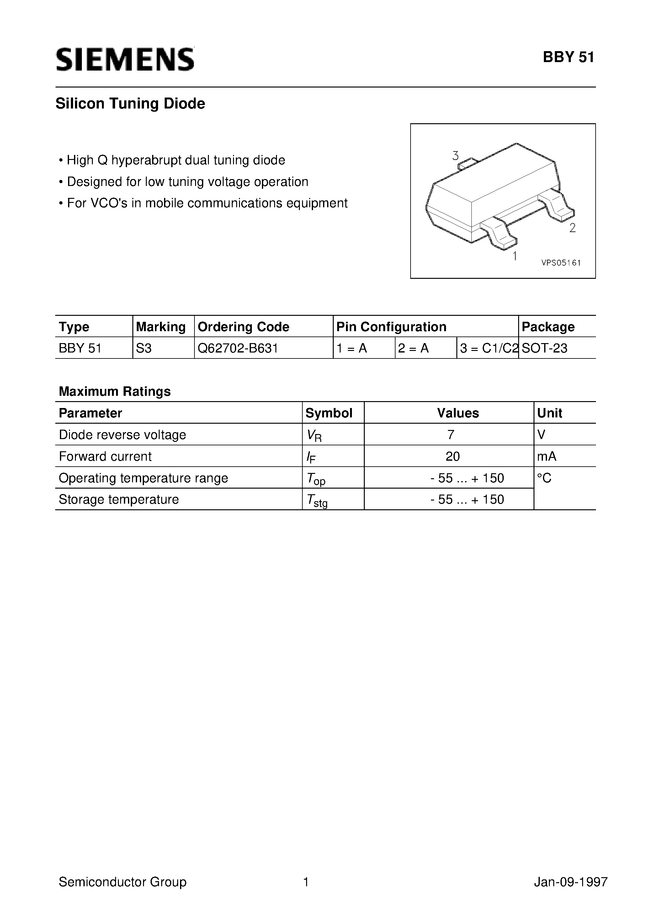 Даташит Q62702-B631 - Silicon Tuning Diode (High Q hyperabrupt dual tuning diode Designed for low tuning voltage operation) страница 1