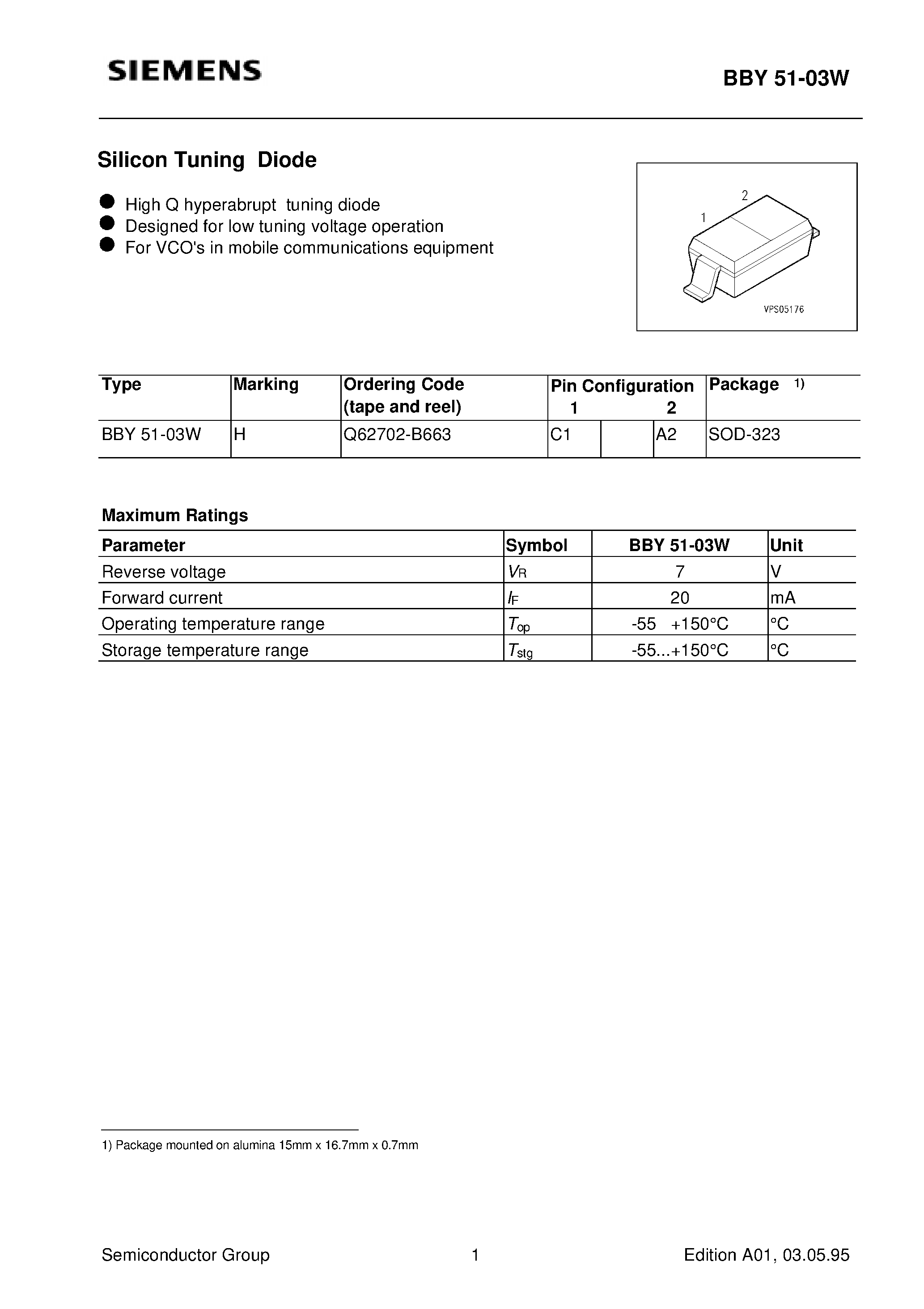 Даташит Q62702-B663 - Silicon Tuning Diode (High Q hyperabrupt tuning diode Designed for low tuning voltage operation) страница 1