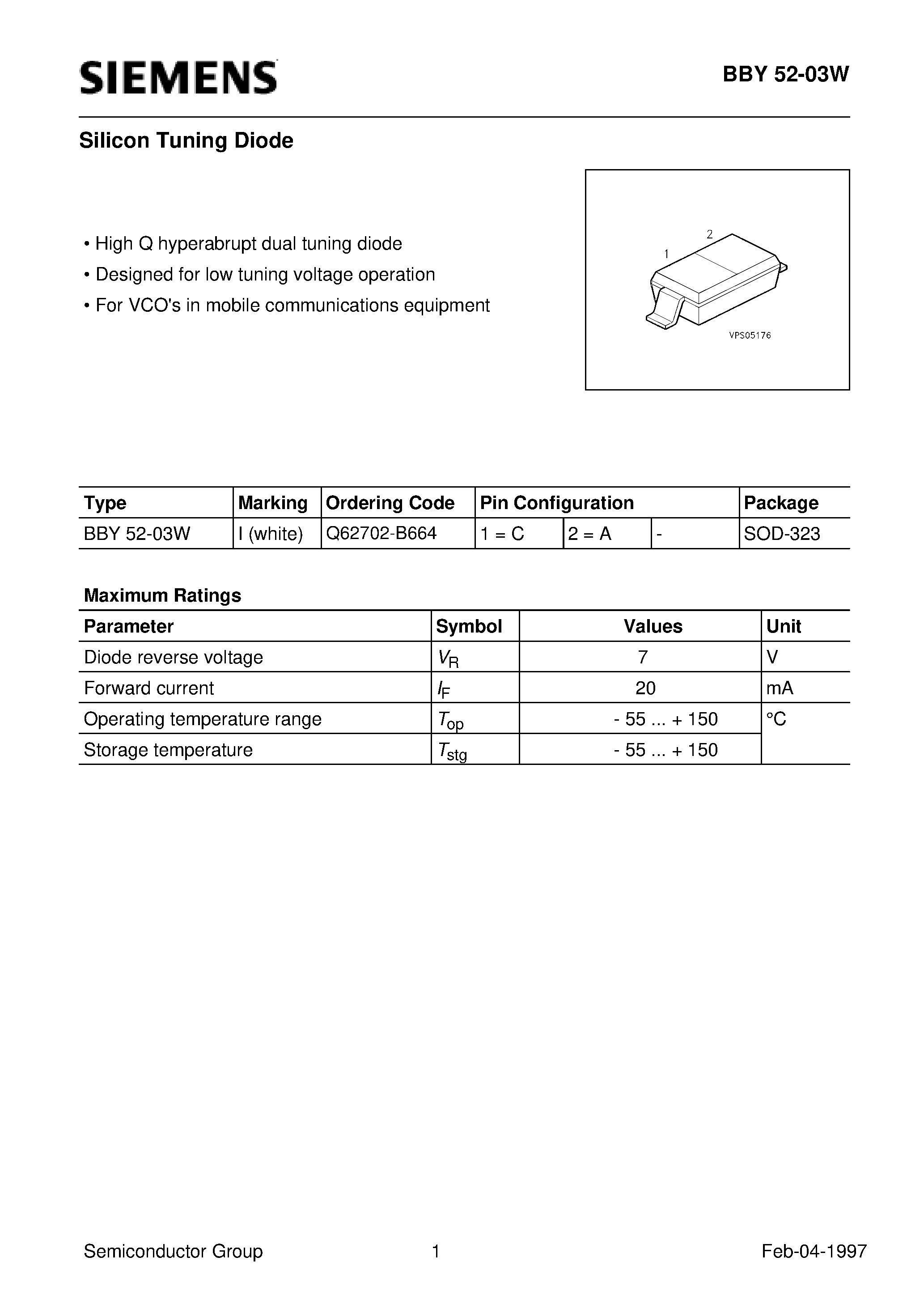 Даташит Q62702-B664 - Silicon Tuning Diode (High Q hyperabrupt dual tuning diode Designed for low tuning voltage operation) страница 1