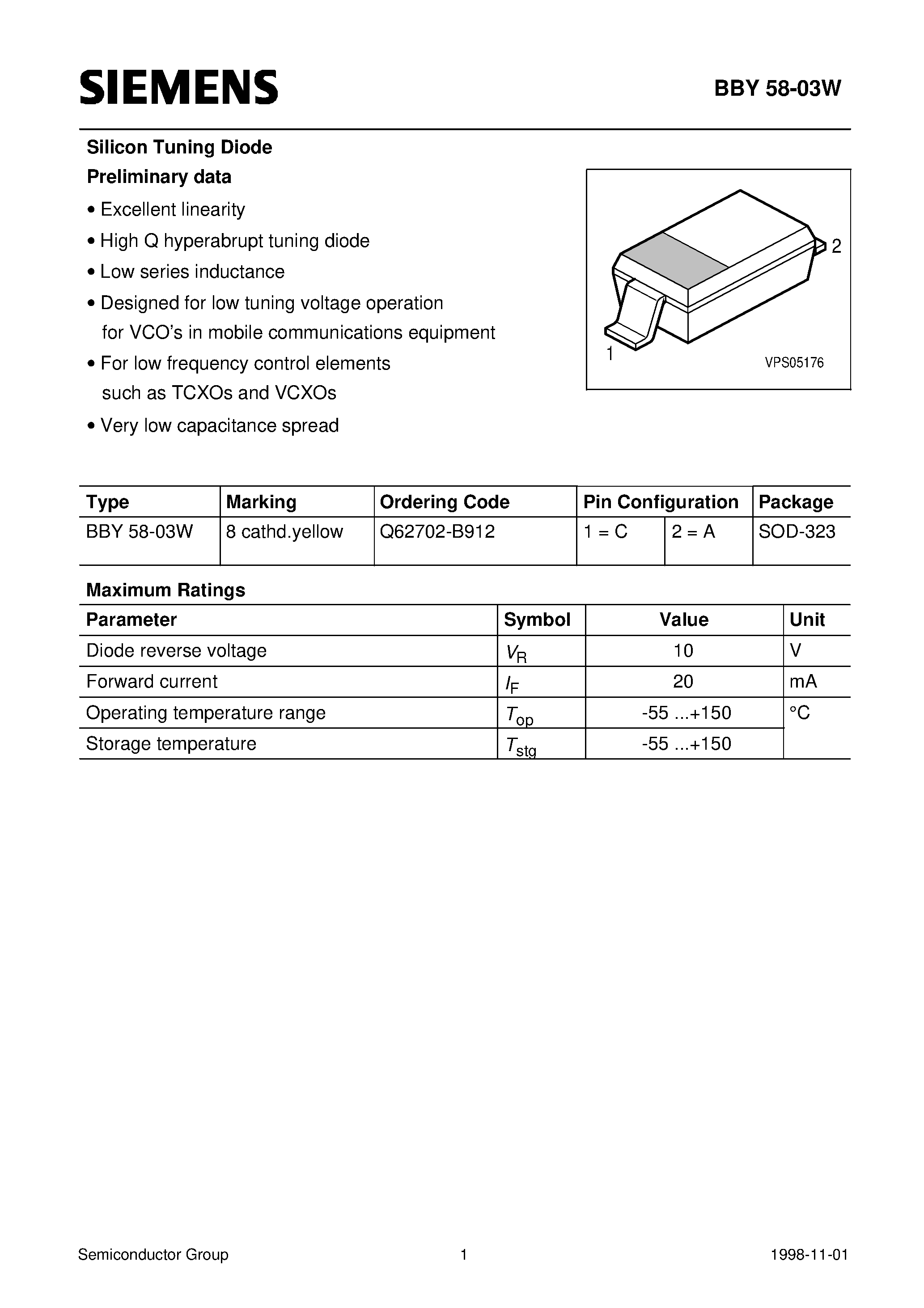 Даташит Q62702-B912 - Silicon Tuning Diode (Excellent linearity High Q hyperabrupt tuning diode Low series inductance) страница 1