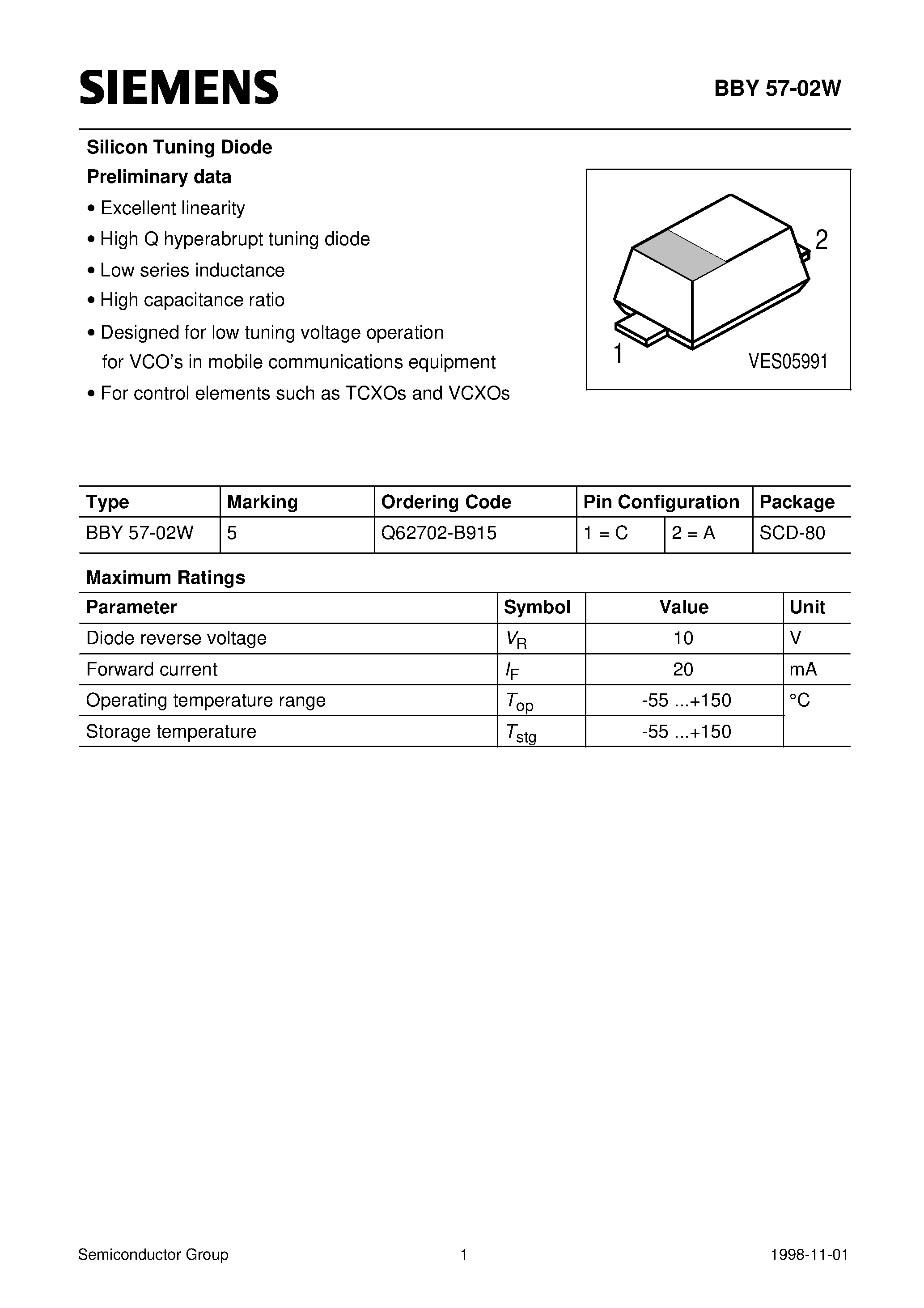 Даташит Q62702-B915 - Silicon Tuning Diode (Excellent linearity High Q hyperabrupt tuning diode Low series inductance High capacitance ratio) страница 1