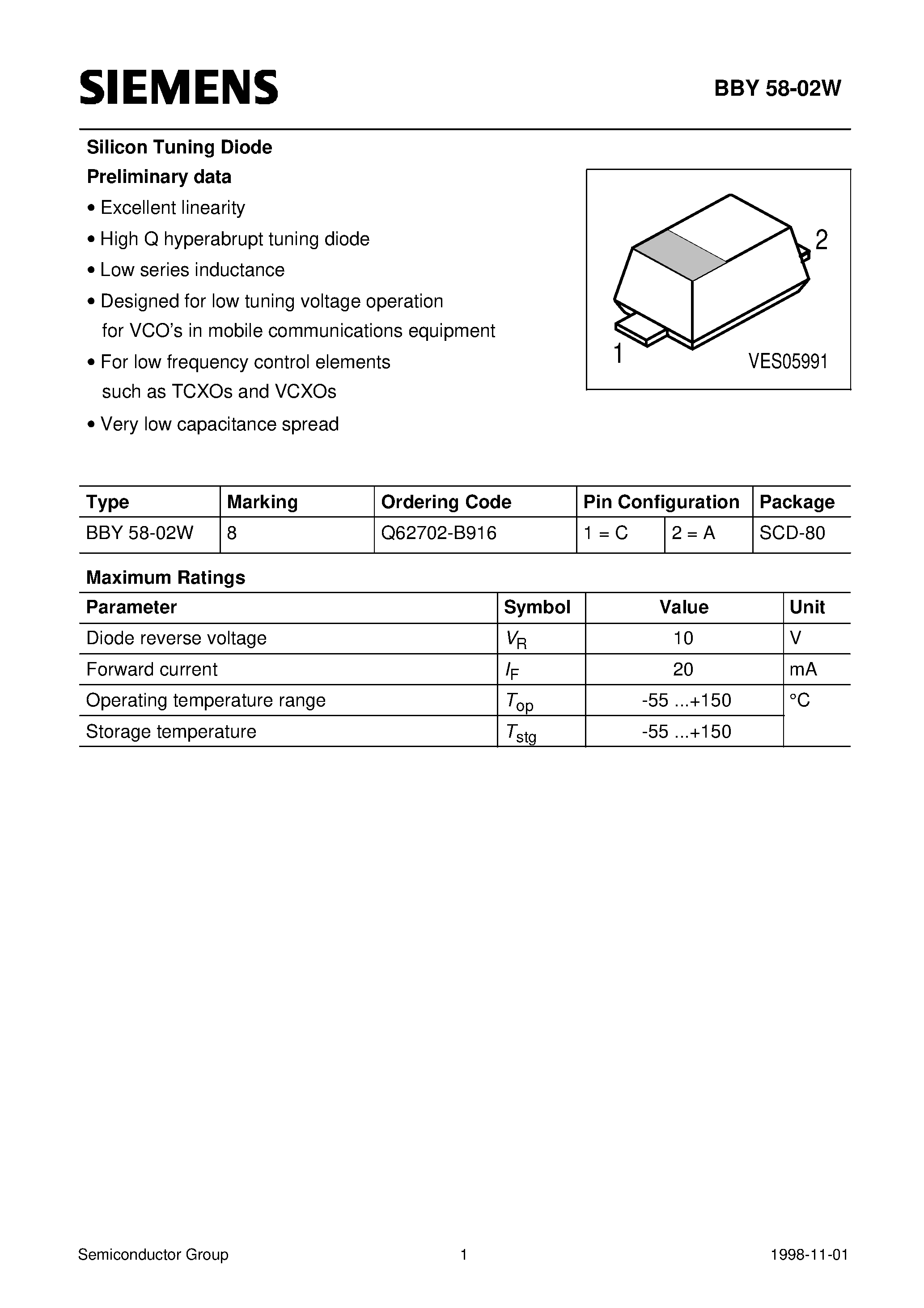 Даташит Q62702-B916 - Silicon Tuning Diode (Excellent linearity High Q hyperabrupt tuning diode Low series inductance) страница 1