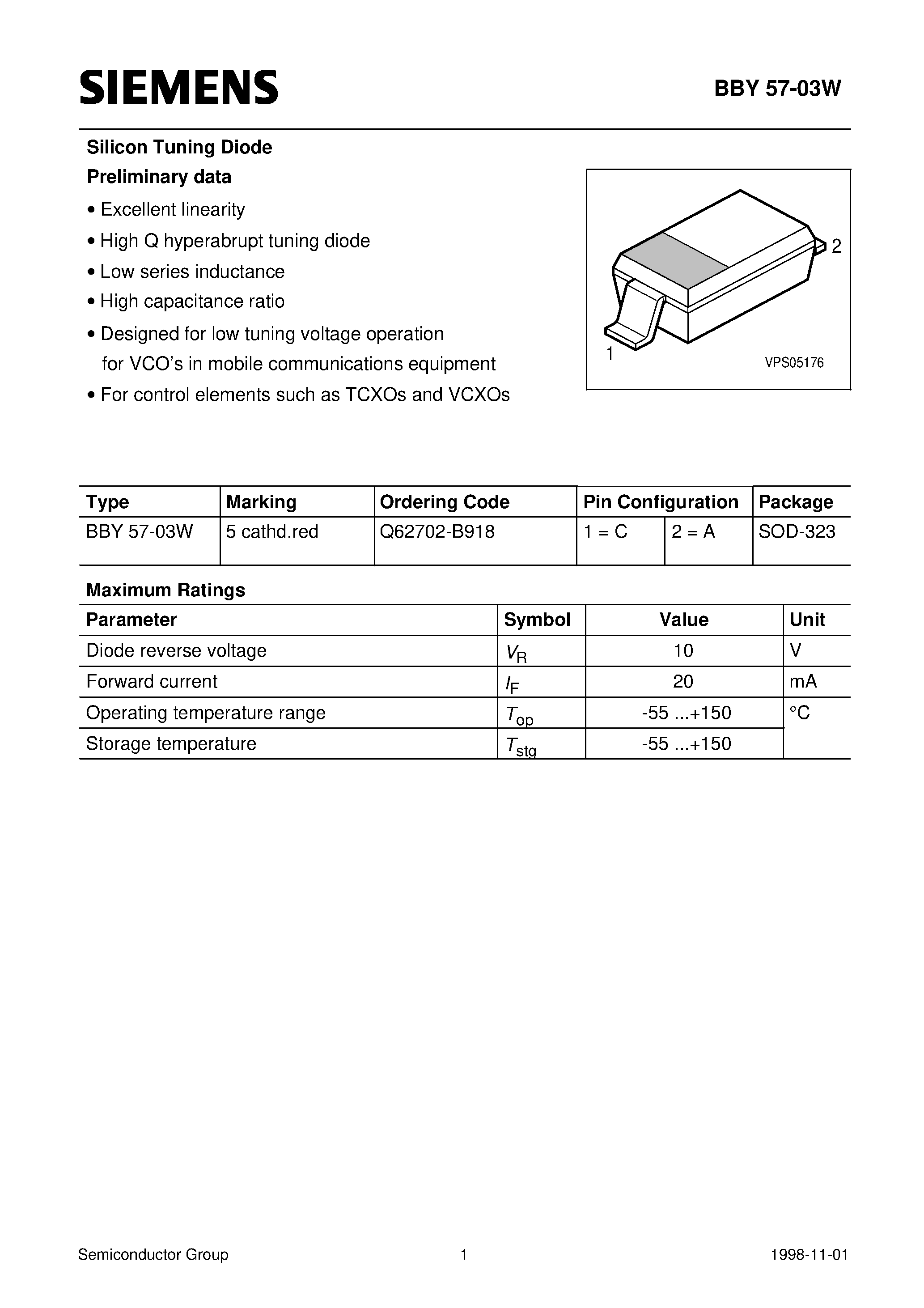 Даташит Q62702-B918 - Silicon Tuning Diode (Excellent linearity High Q hyperabrupt tuning diode Low series inductance) страница 1