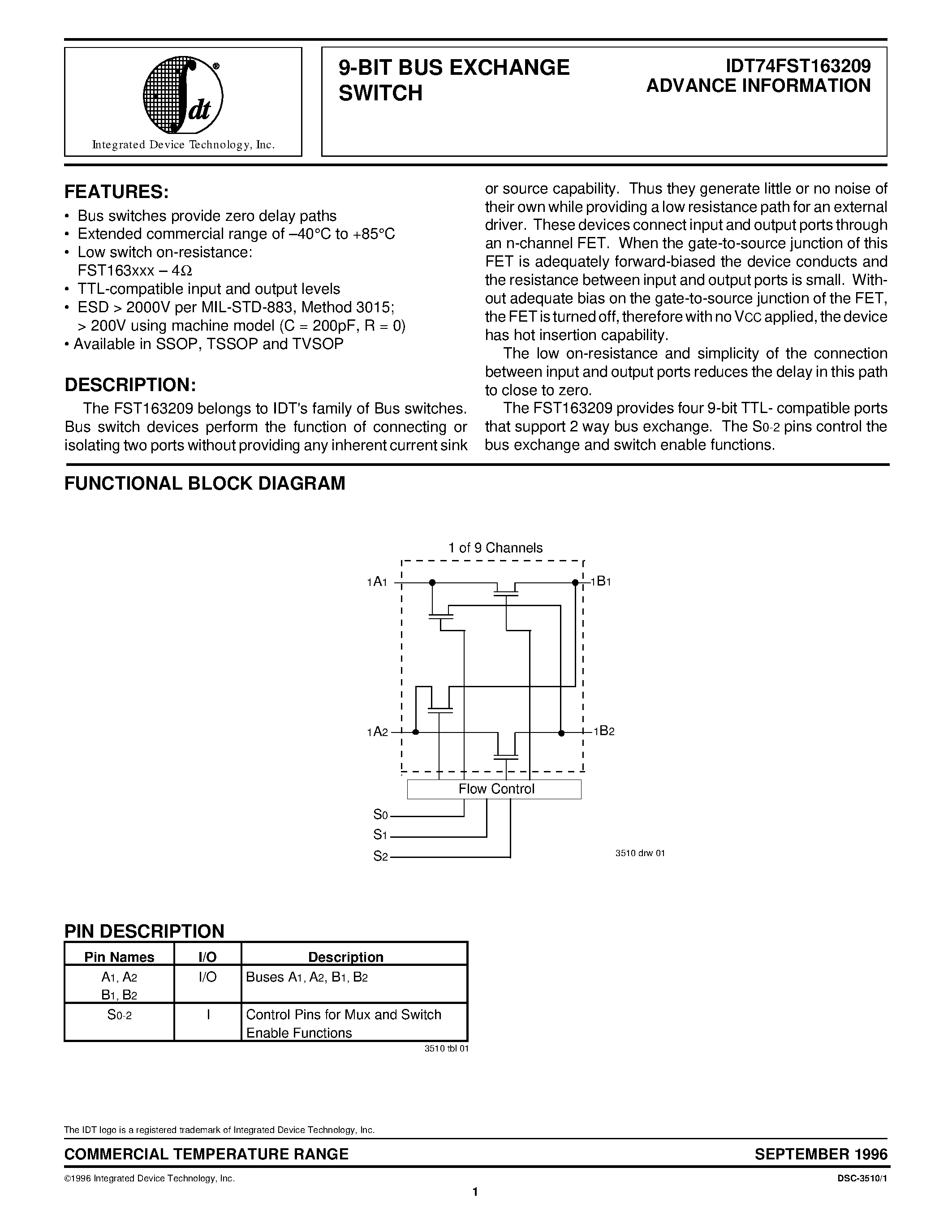 Даташит IDT74FST163209 - 9-BIT BUS EXCHANGE SWITCH страница 1