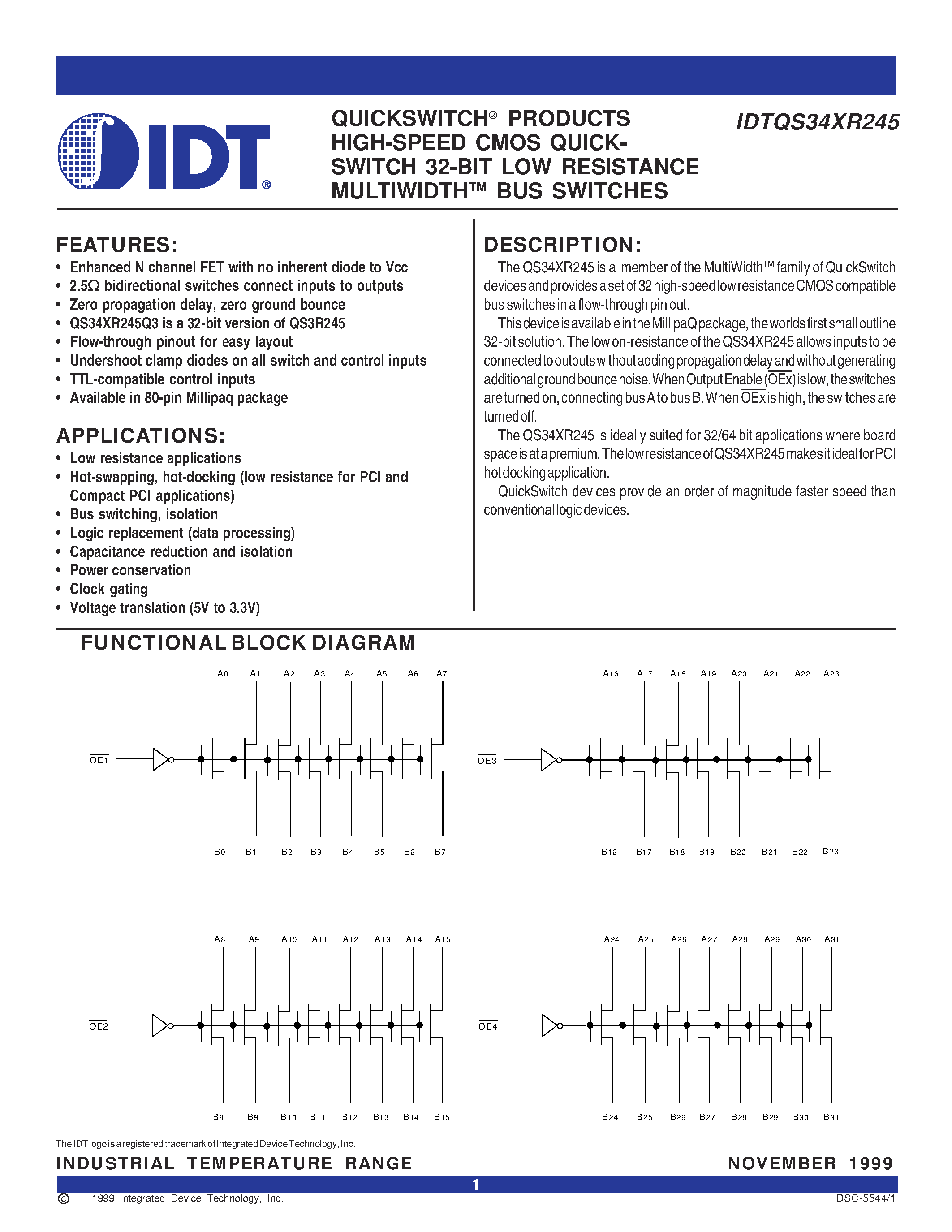 Datasheet IDTQS34XR245 - QUICKSWITCH PRODUCTS HIGH-SPEED CMOS QUICKSWITCH 32-BIT LOW RESISTANCE MULTIWIDTHTM BUS SWITCHES page 1