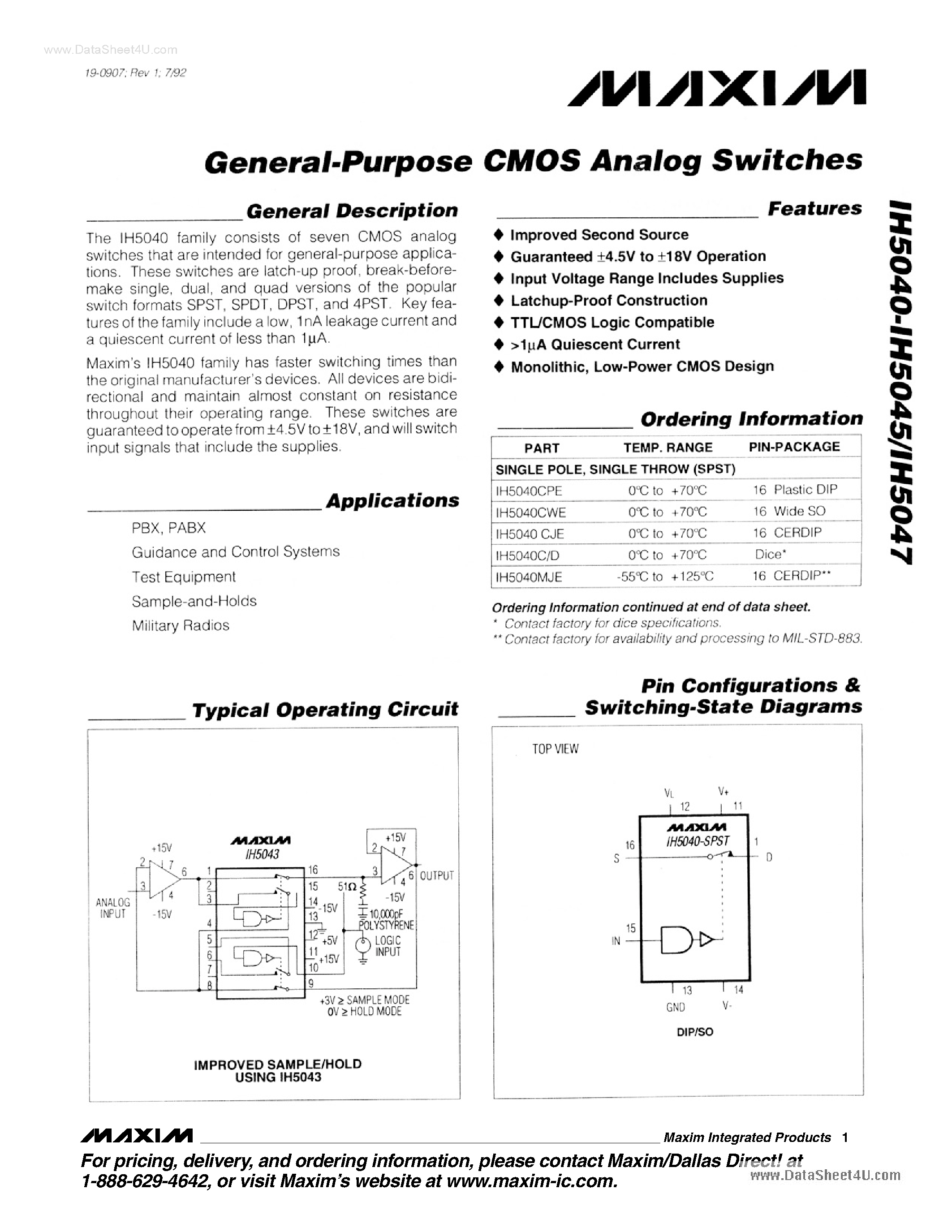 Datasheet IH5041C/D - General-Purpose CMOS Analog Switches page 1