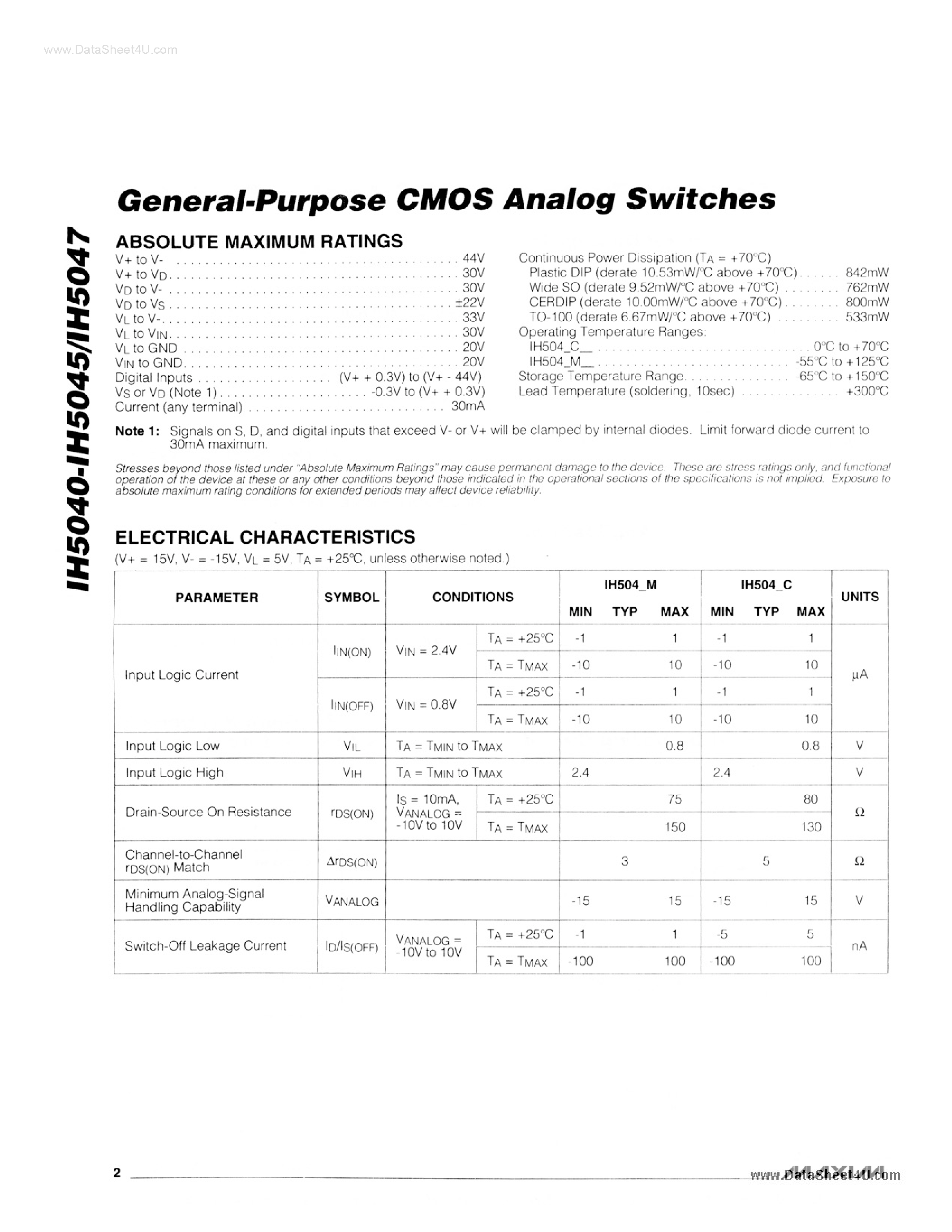 Datasheet IH5041C/D - General-Purpose CMOS Analog Switches page 2