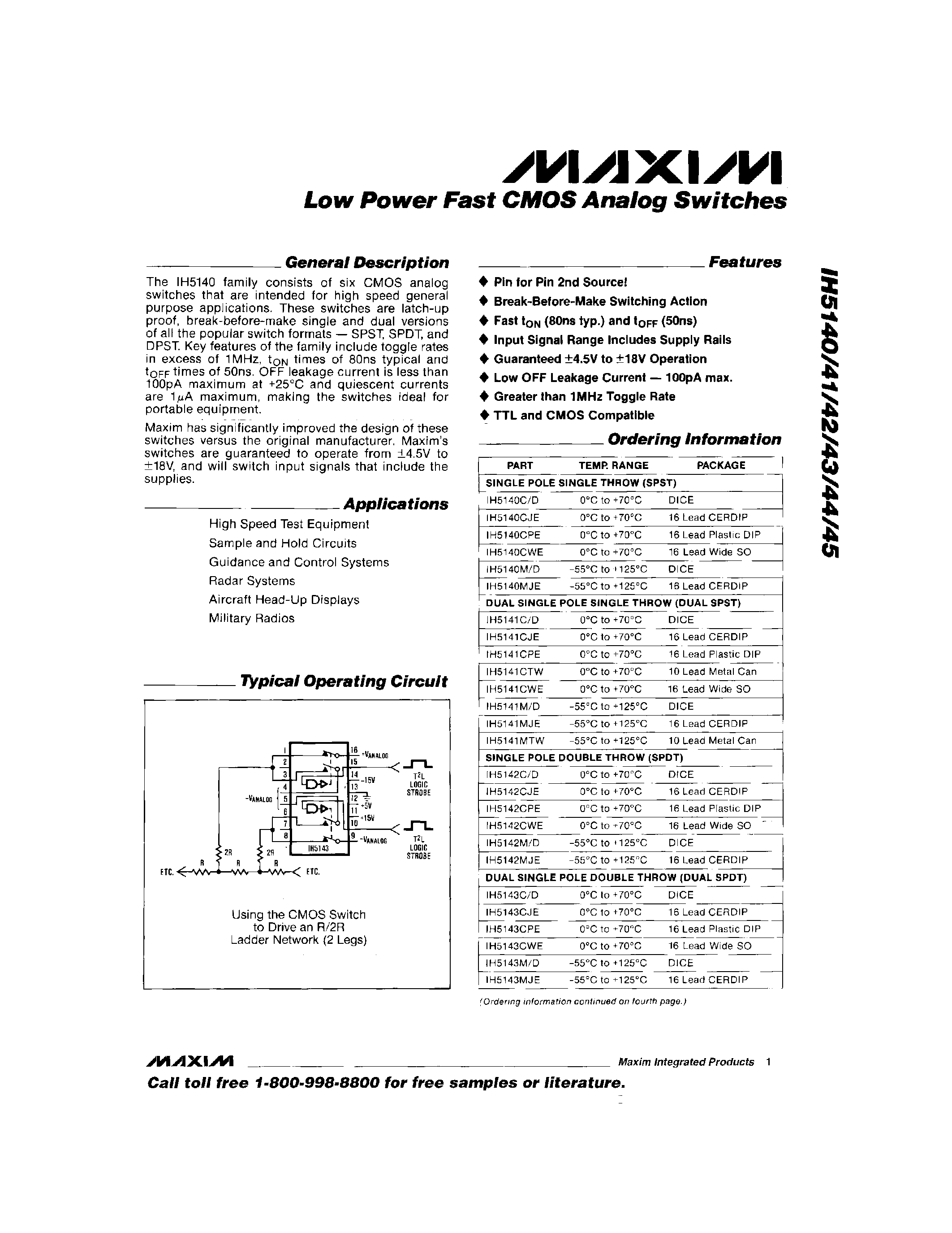 Datasheet IH5141C/D - Low Power Fast CMOS Analog Switches page 1